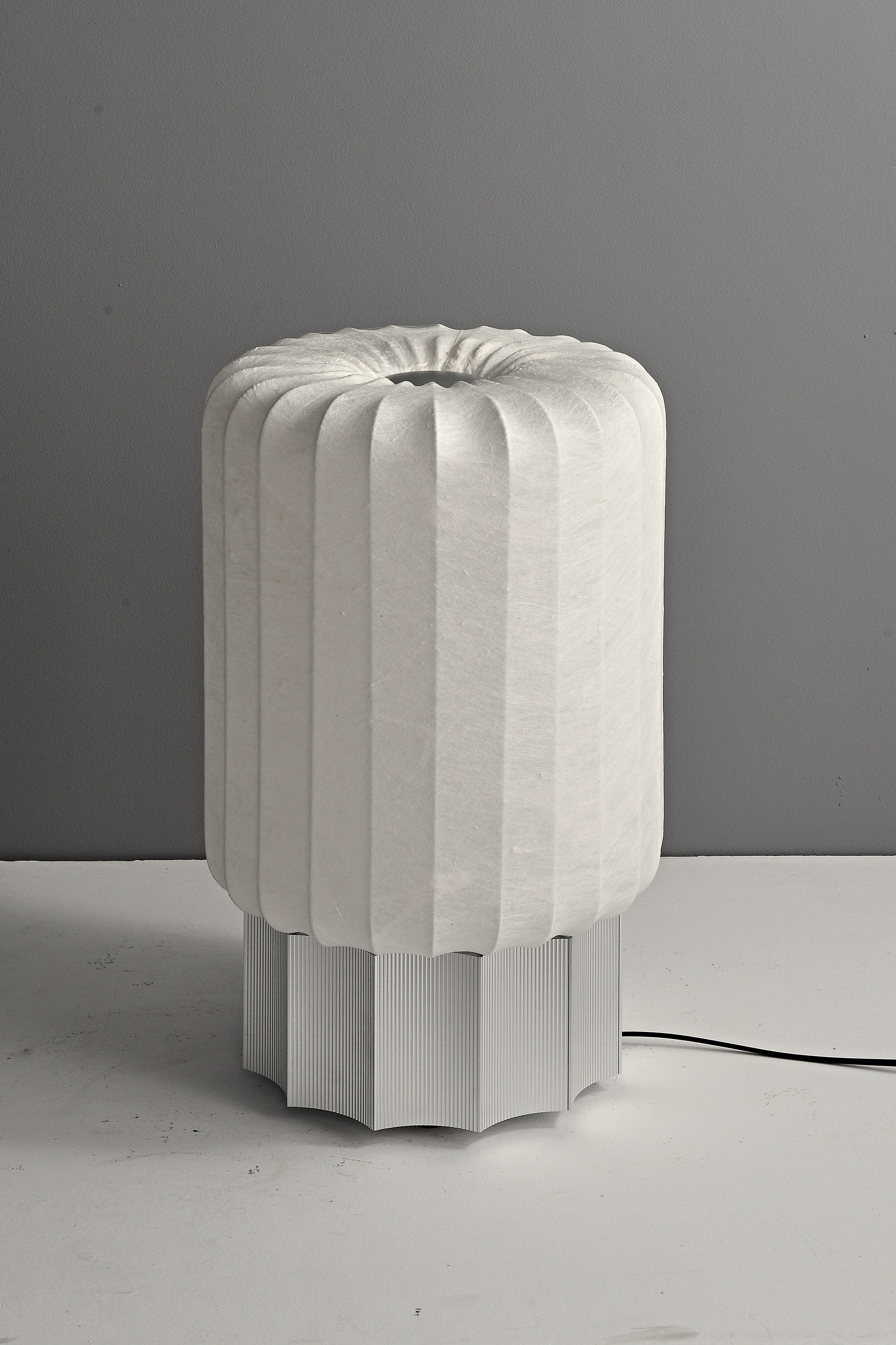 Modern Mulberry Silk Cylinder Table and Floor Lamp in Pewter Gray - 09 10-real-shade-close
