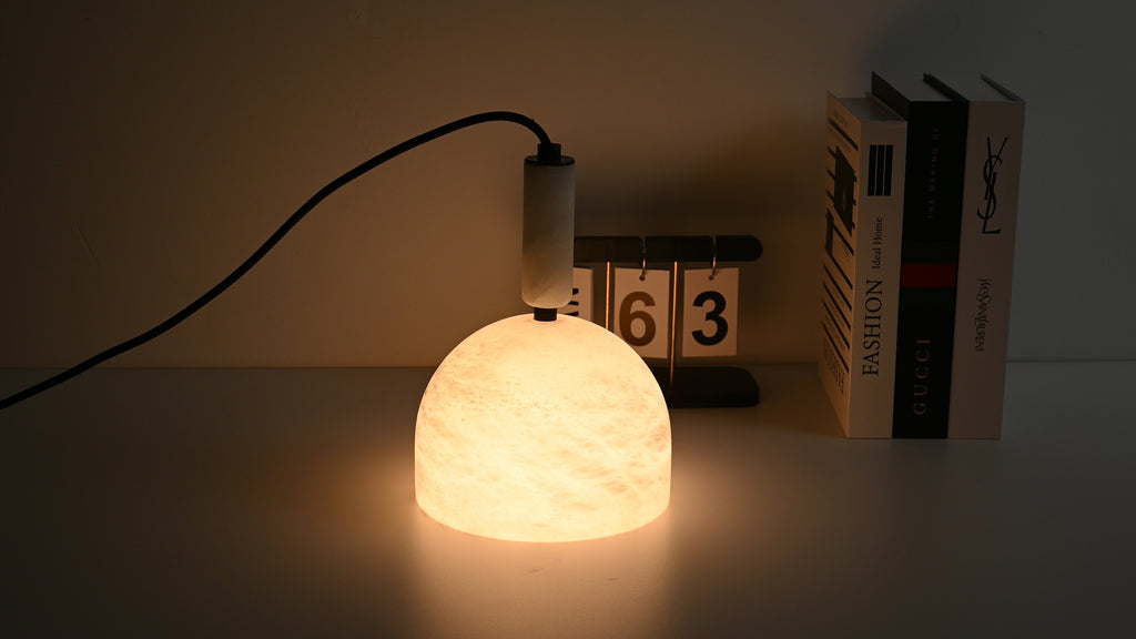 Modern Spanish Alabaster Dome Pendant Light in White - 10 10-real-table-glow-2
