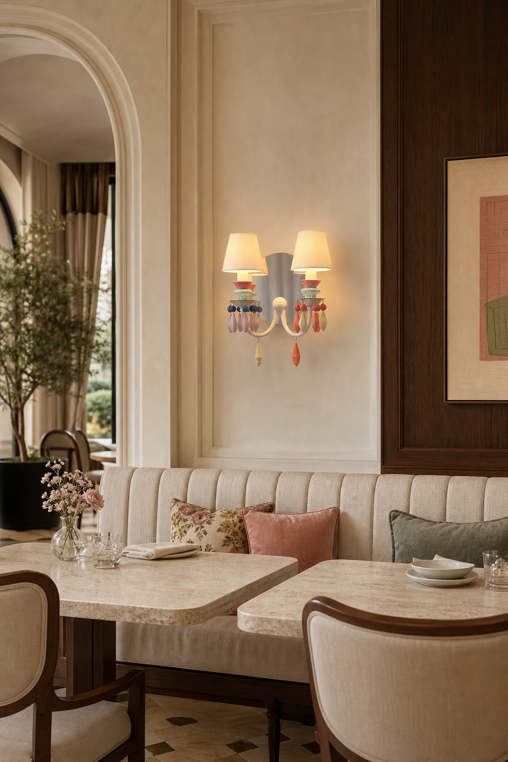 Pastel Ceramic Two-Light Wall Sconce restaurant lounge wall wide