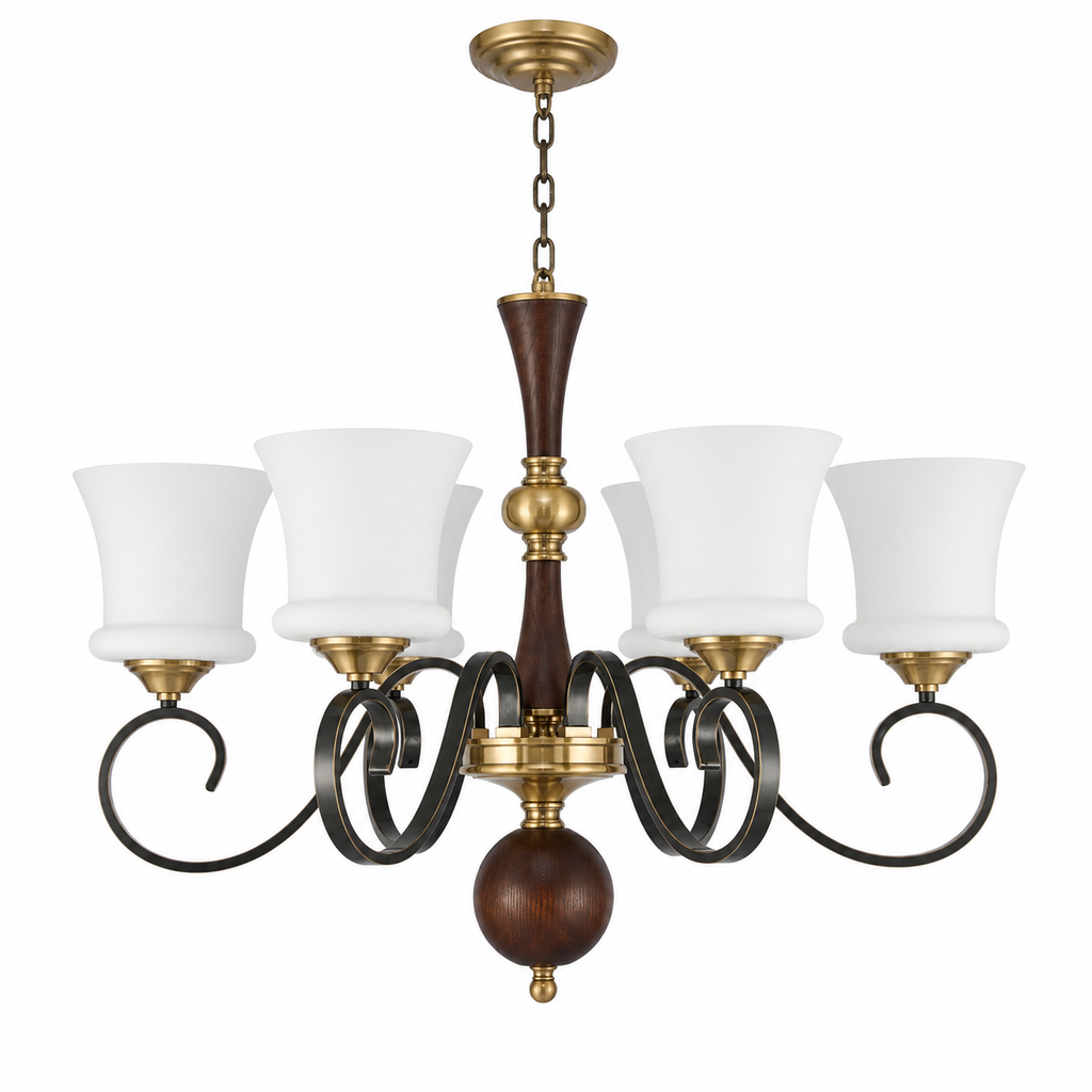 Complete Rosethorne six-light chandelier on pure white with ceiling canopy