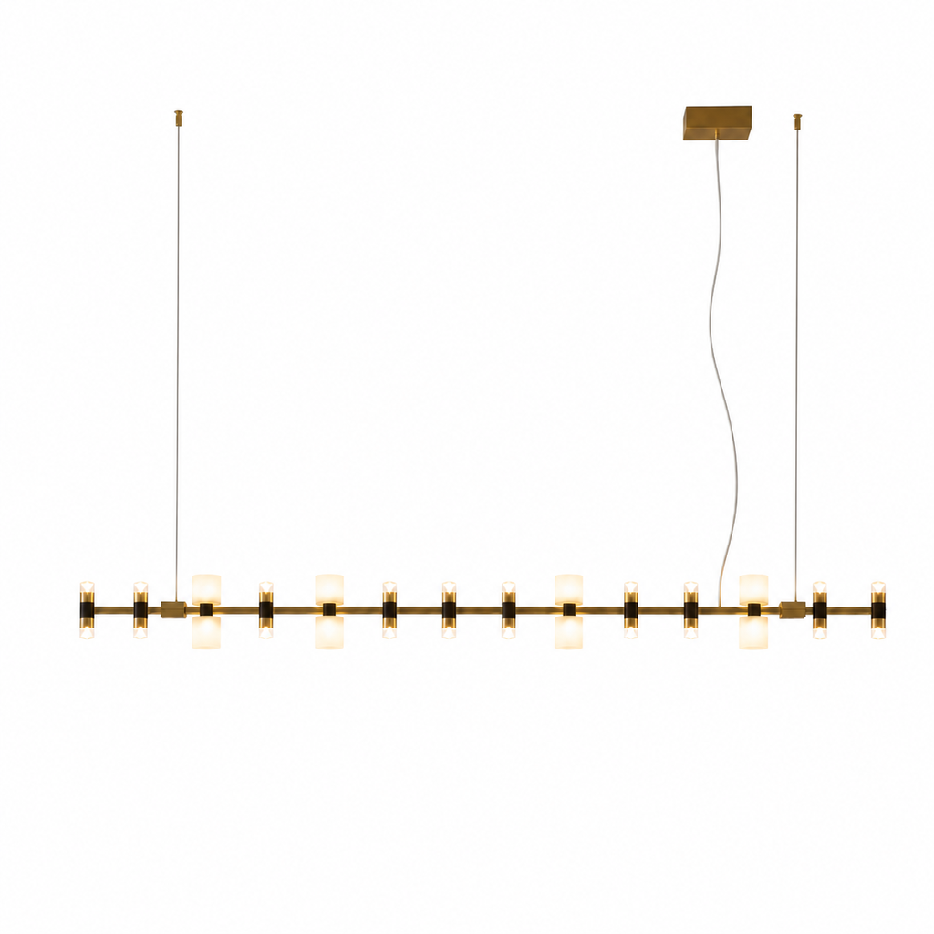 Royal linear brushed copper LED pendant complete on a pure white background