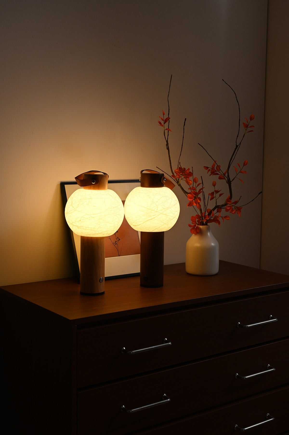 Portable Silk-Effect Acrylic Table Lamp in Wood Finishes - 10 10-scene-portable-lamp-reading
