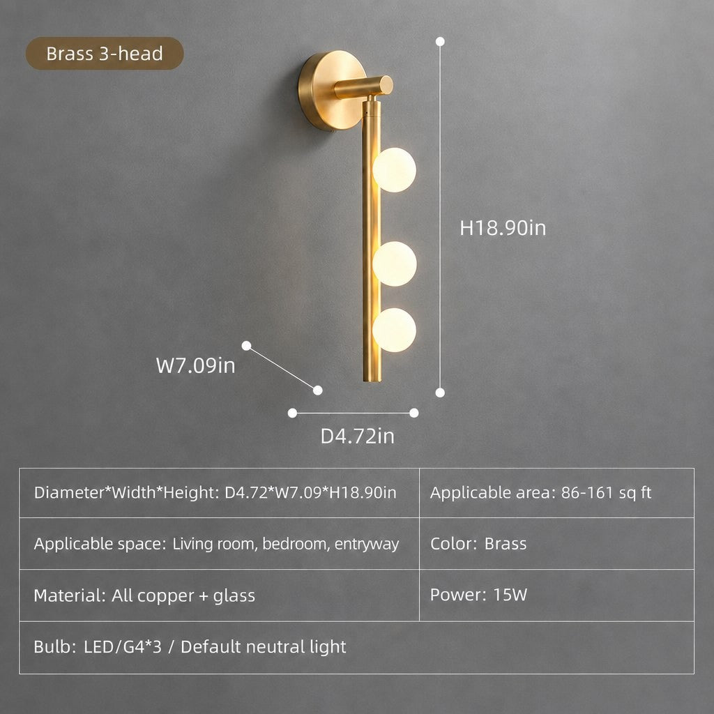 Modern Glass Globe Vertical Wall Sconce - 10 10-sku-brass-3-lights