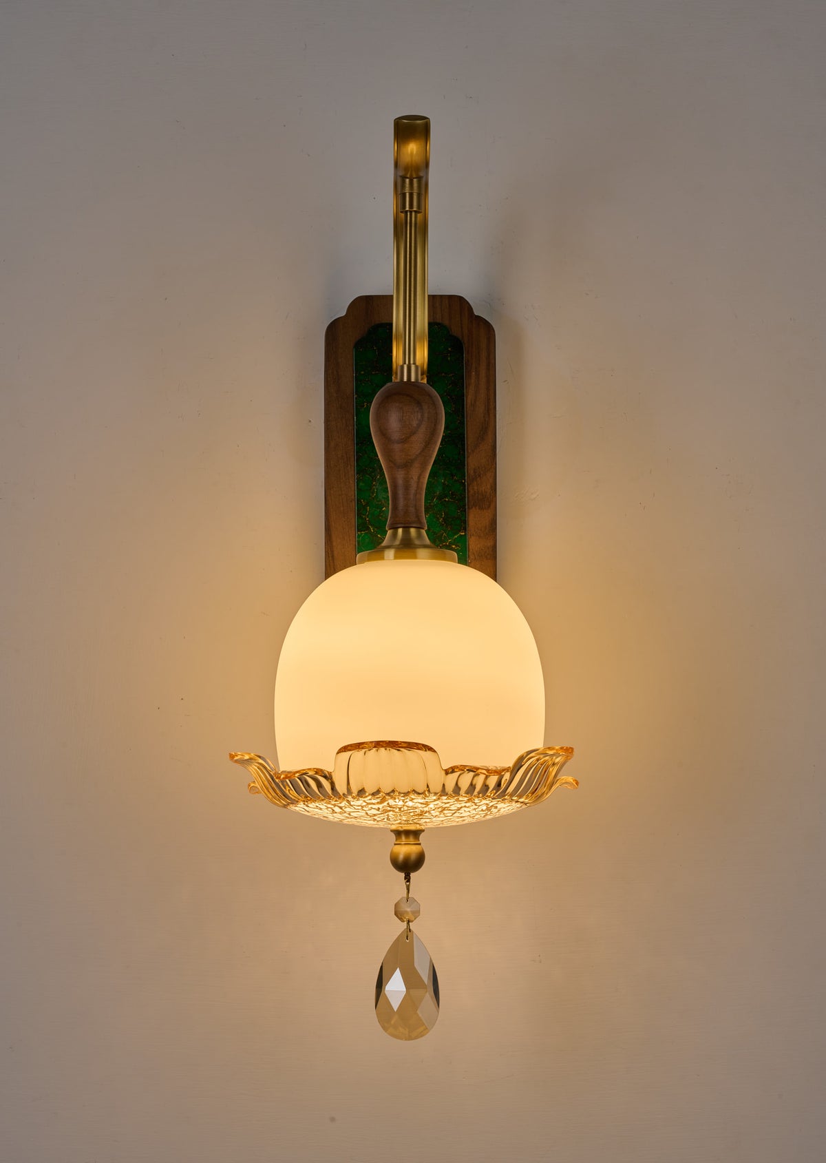 Complete supplier real photograph of the Virdelune rounded opal dome wall sconce, A2 configuration, primary view