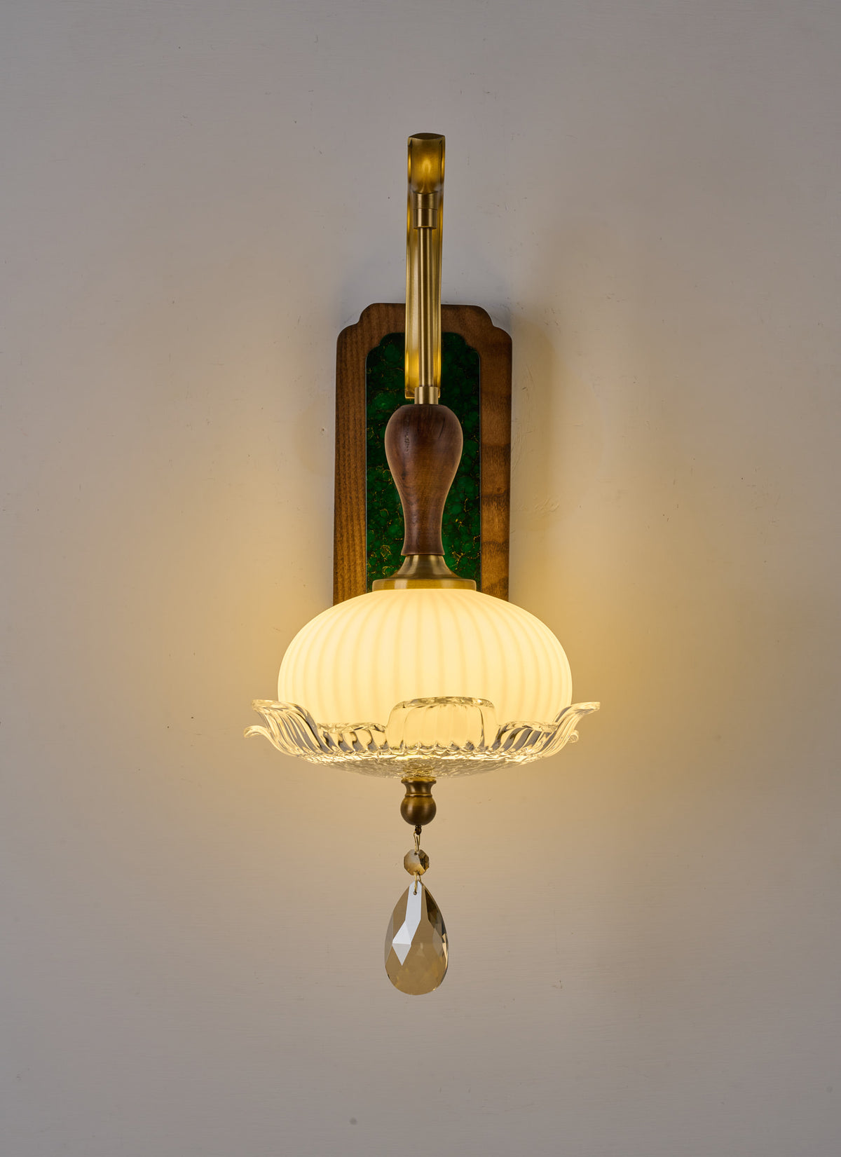 Complete supplier real photograph of the Virdelune shallow fluted bowl wall sconce, A2 configuration, primary view