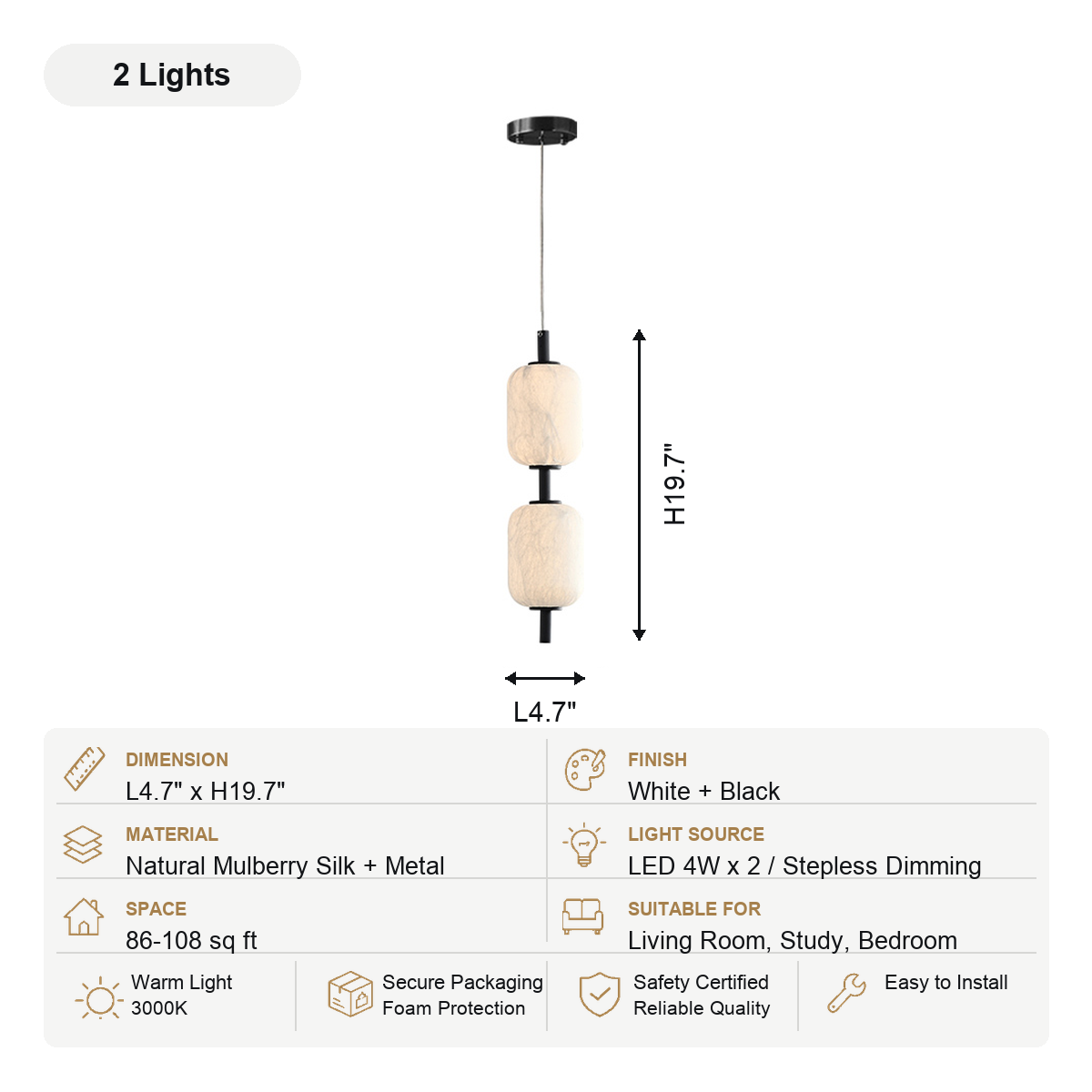 Modern Mulberry Silk Linear Pendant Light in White and Black - product image 11