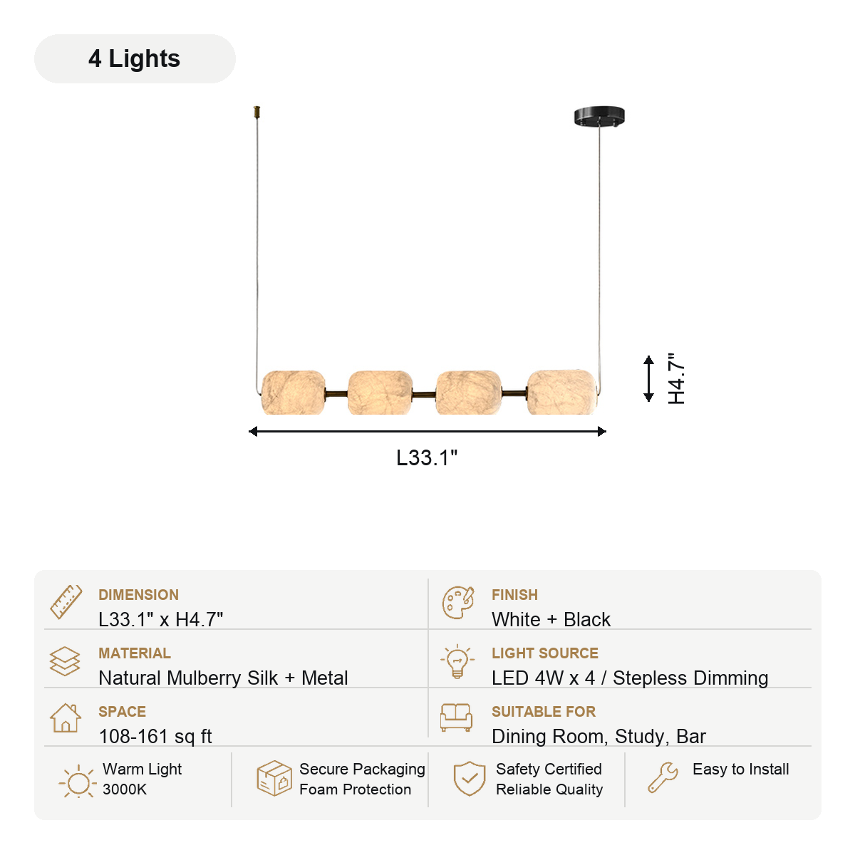 Modern Mulberry Silk Linear Pendant Light in White and Black - product image 12