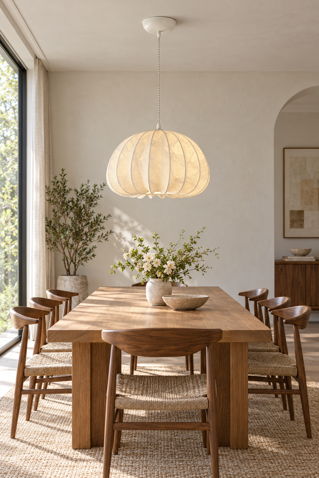 Aeriwisp ribbed silk pendant illuminated above a daylight dining table