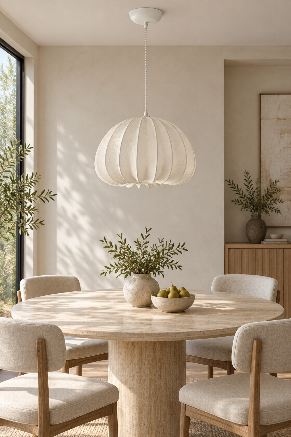 Aeriwisp ribbed silk pendant switched off above a dining table