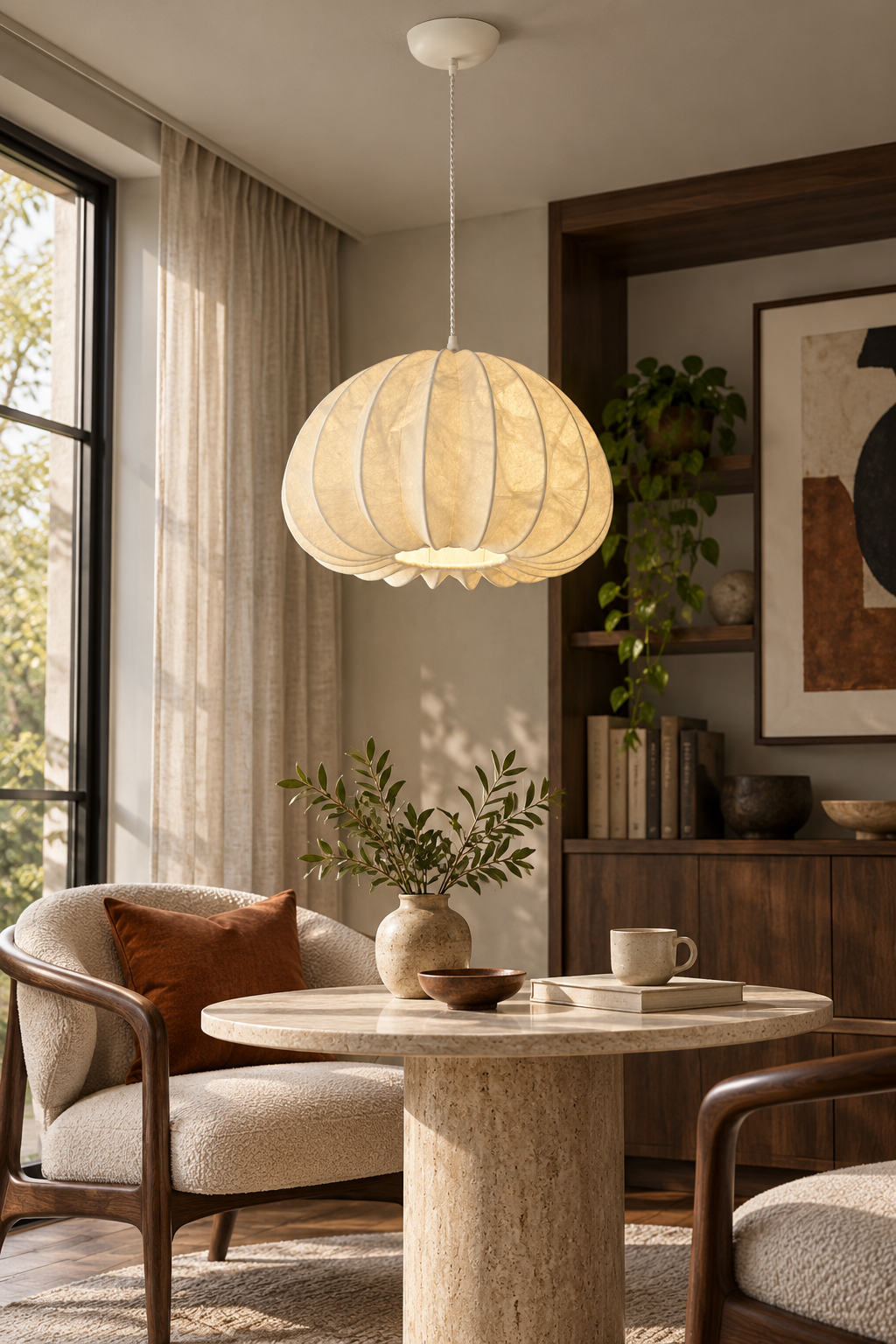Aeriwisp ribbed silk pendant lit in a daylight reading corner