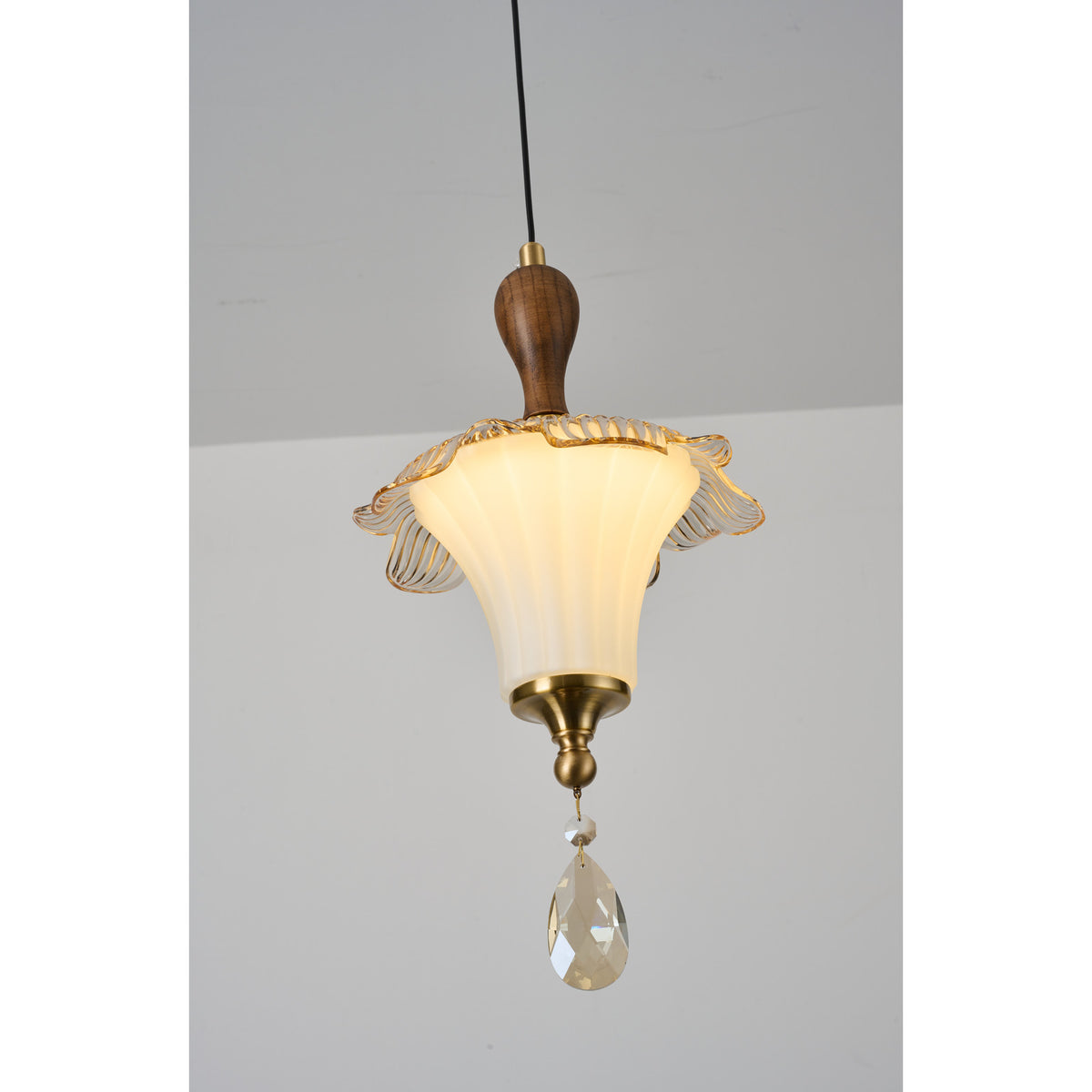 Supplier real detail photograph of Celestine Pendant B fluted glass detail lit