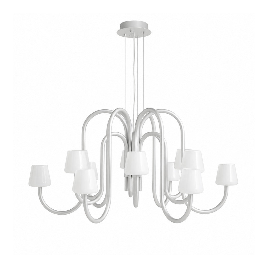 Apollo twelve-light gray aluminum and opal glass chandelier complete on a pure white background