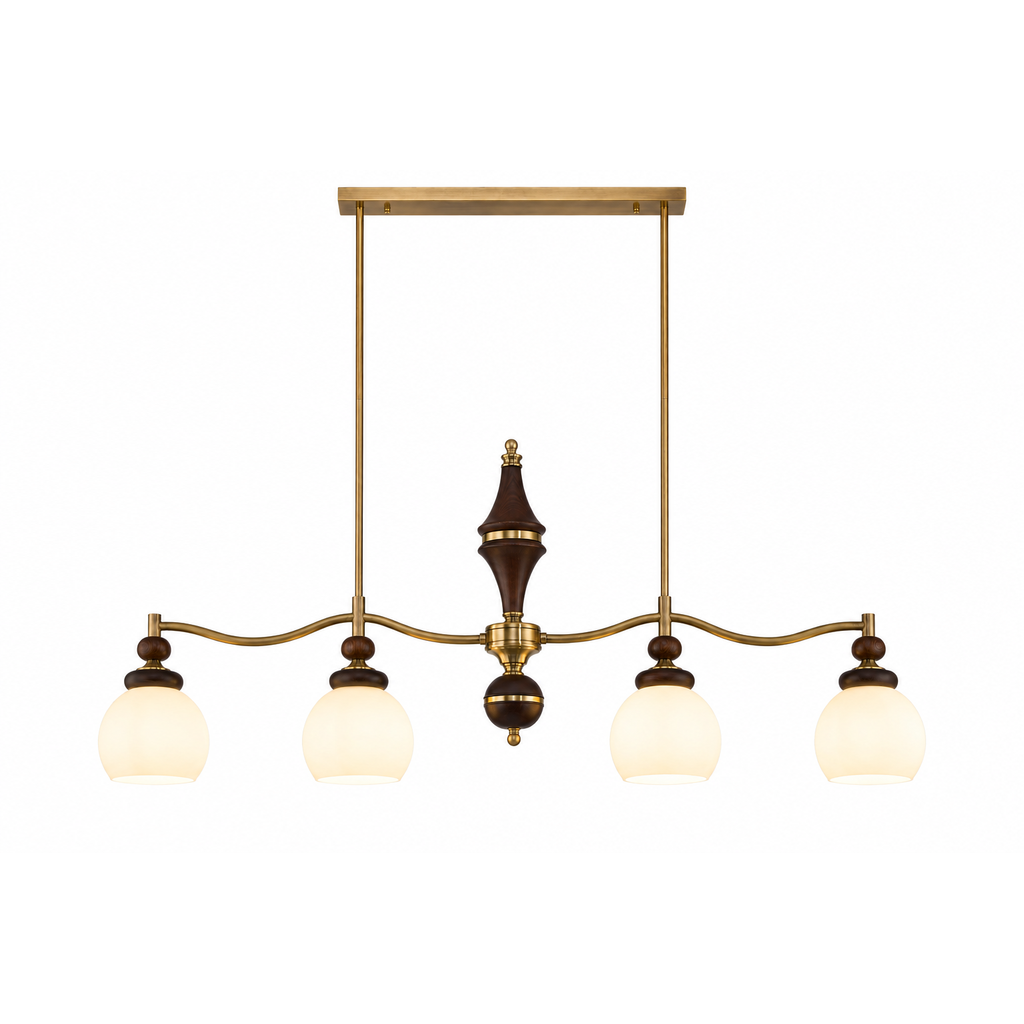 Complete Arclorune four-light opal globe wood linear chandelier on pure white