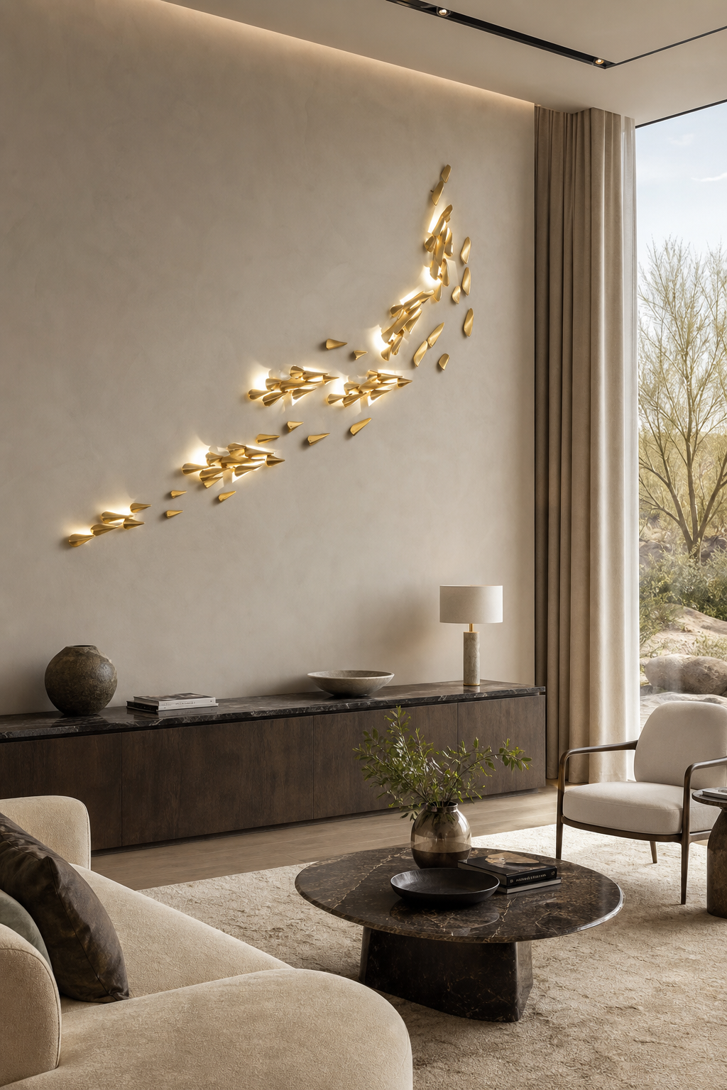 Brass Leaf LED Wall Art Sconce installed on a living or dining room feature wall, view 11
