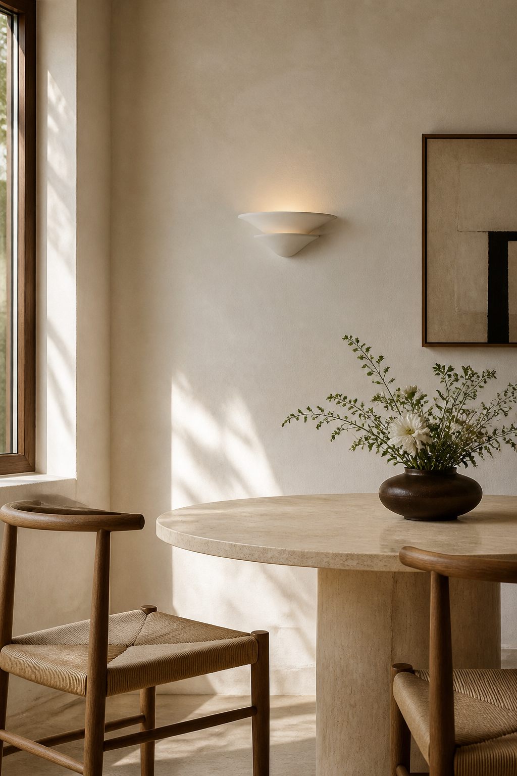 Sculptural Double-Tier Plaster Wall Sconce — wall sconce in a dining lounge