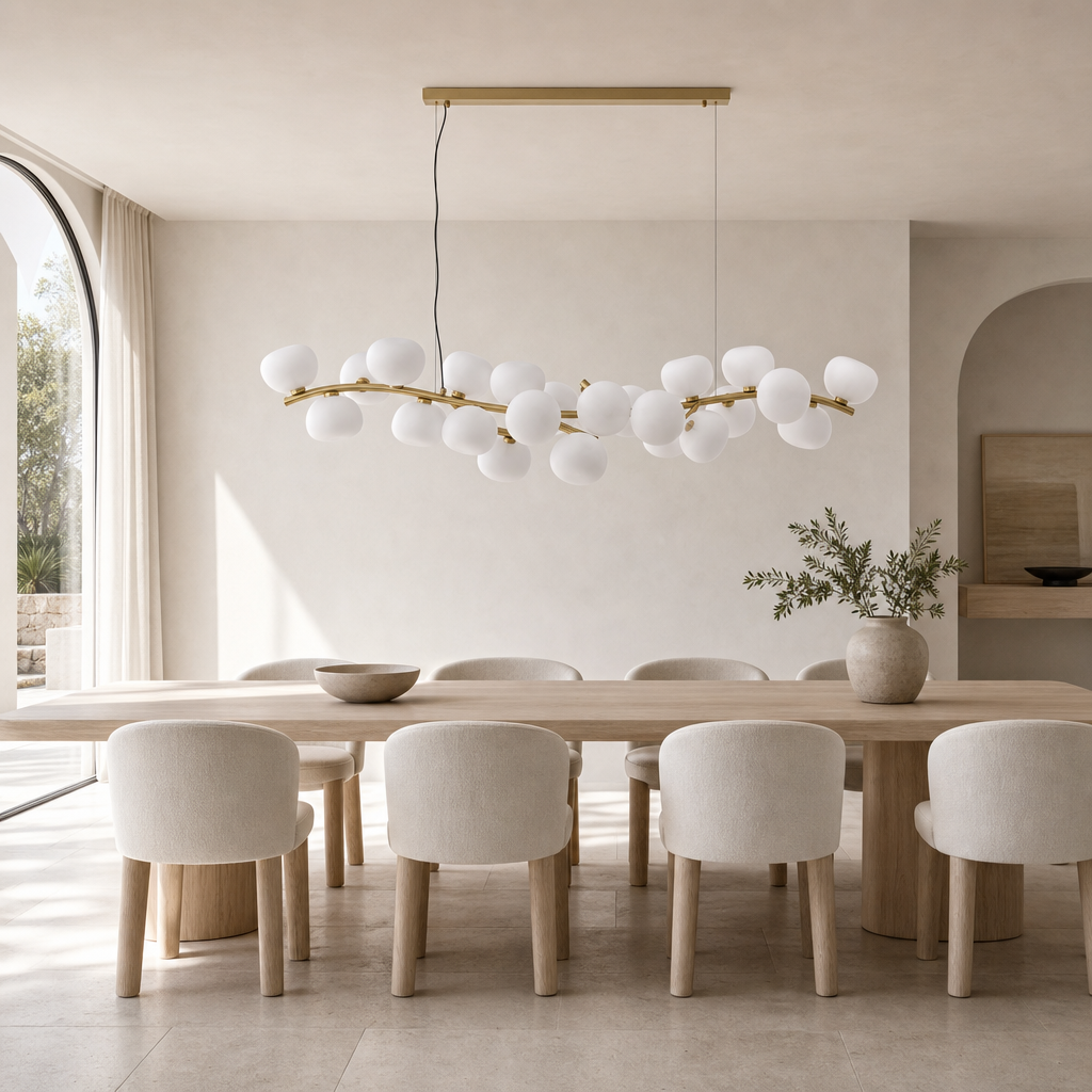Frosted glass 26-light linear chandelier with the lights off above a pale ash dining table