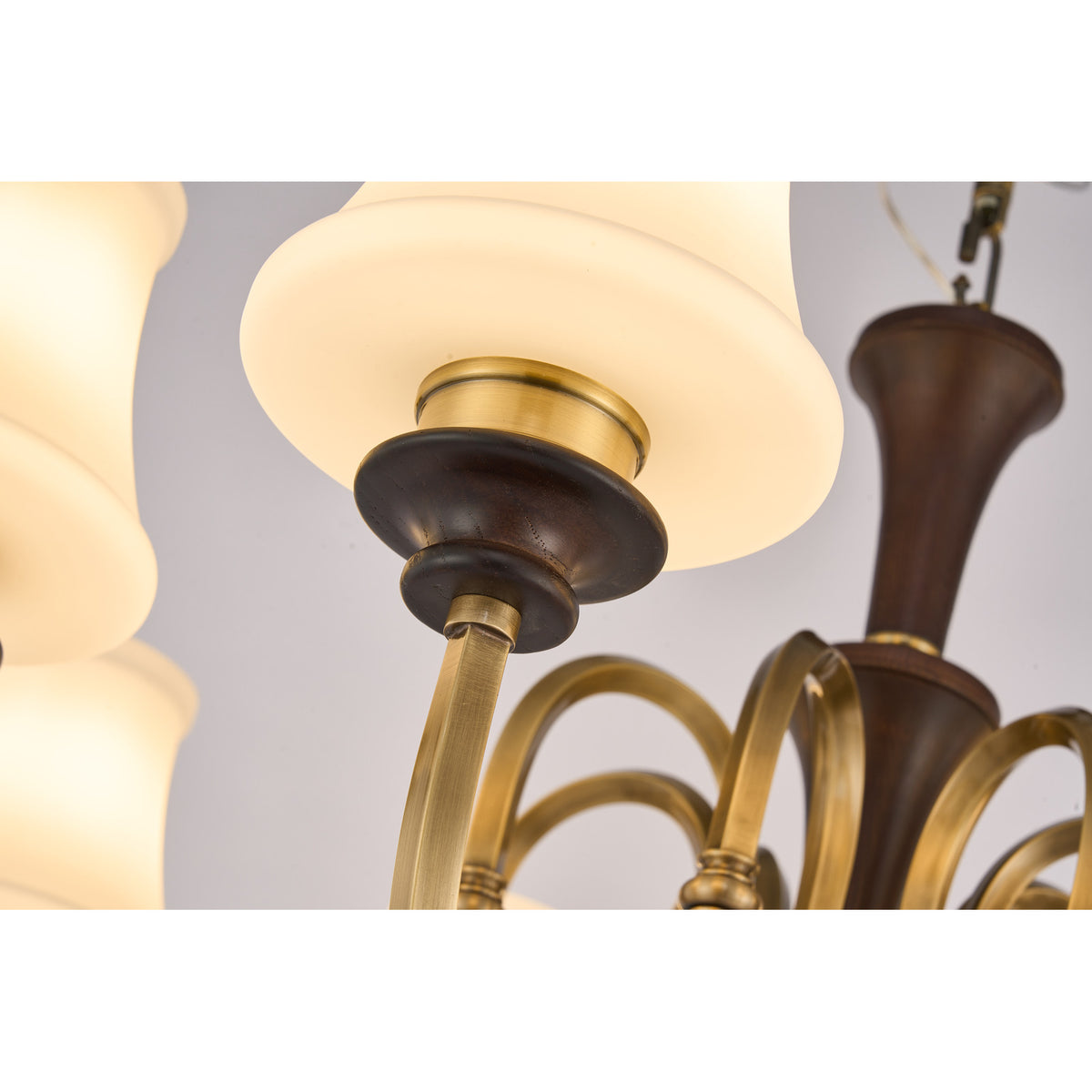 Supplier real detail photograph of the Kingswell dark wood socket cup and milky-opal shade