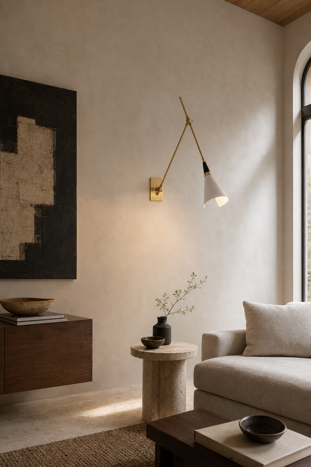 Adjustable Brass Wall Sconce — Long Arm sconce in a wide daylight lounge