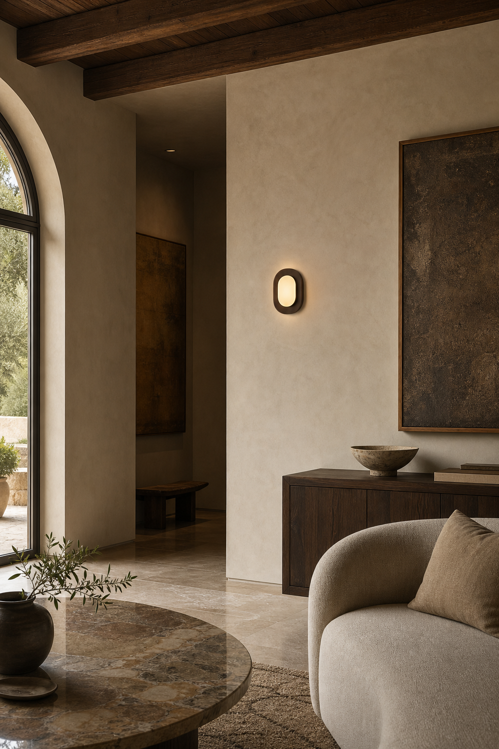 Dark Rounded Frame Wall Sconce lounge accent wall wide