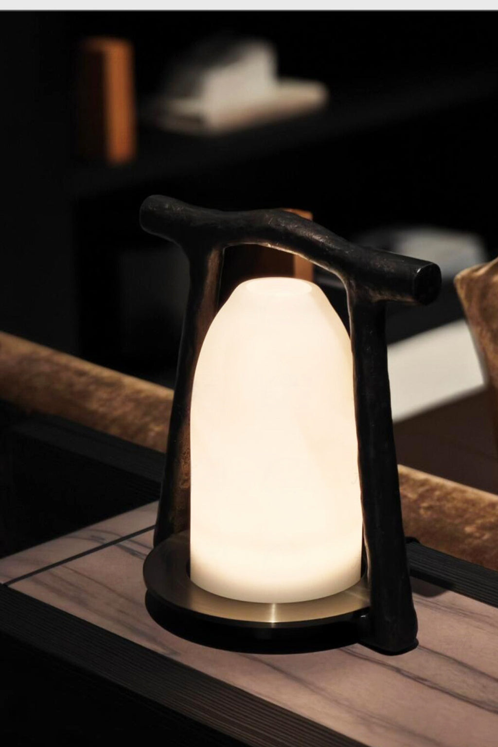 Sculptural Alabaster and Cast Brass Table Lamp — complete real lounge three quarter source
