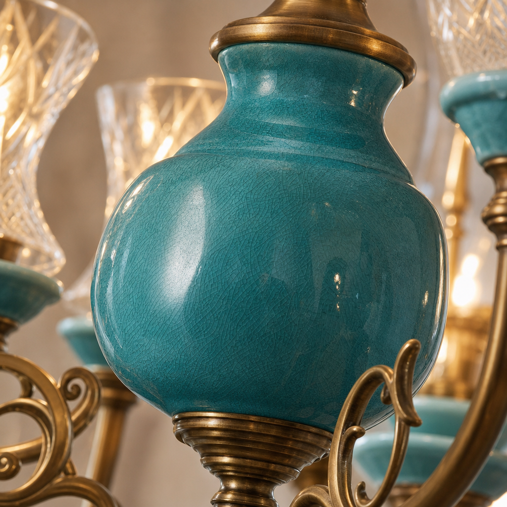 Tiffany Blue Ceramic Brass Chandelier material close up