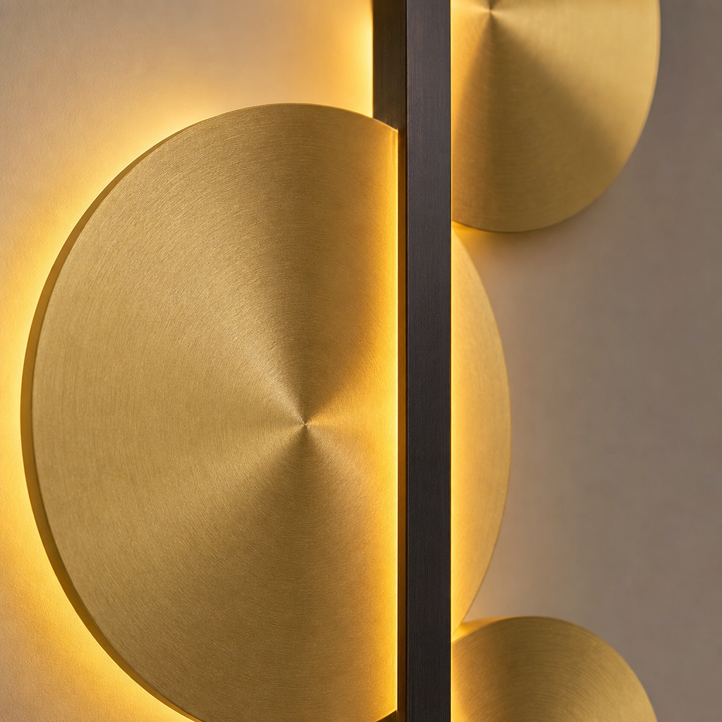 Brass-tone disc and black center bar material detail on the LED wall sconce