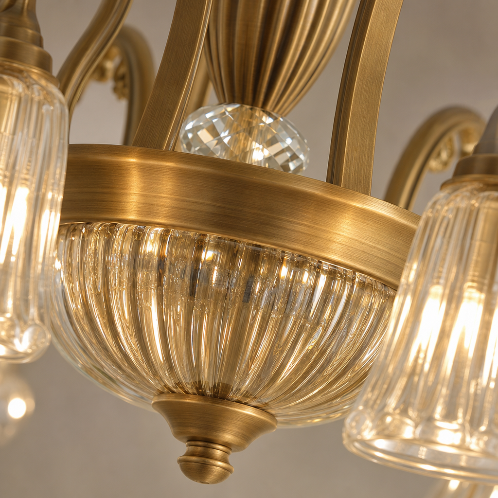 Vintage Brass Floral Glass Chandelier material close up