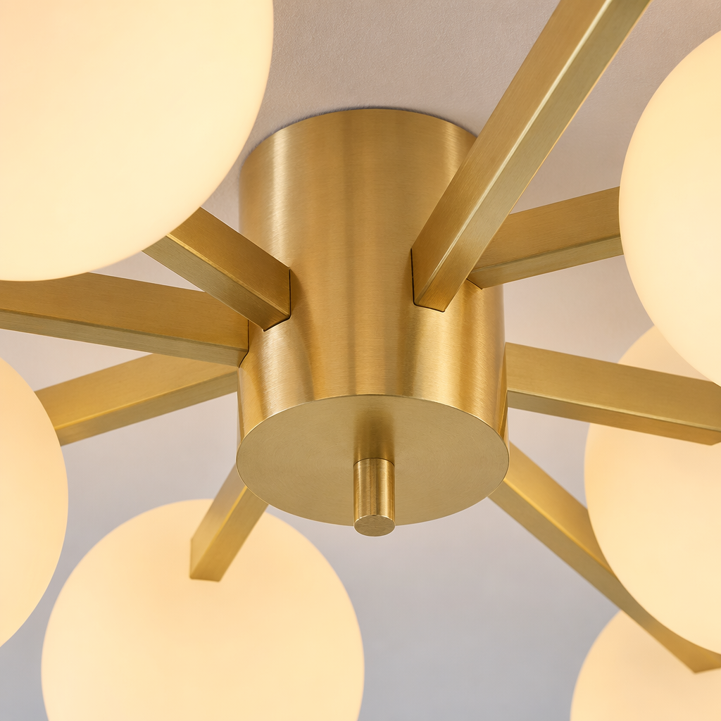 Solid brass center and opal glass material detail on the semi-flush ceiling light
