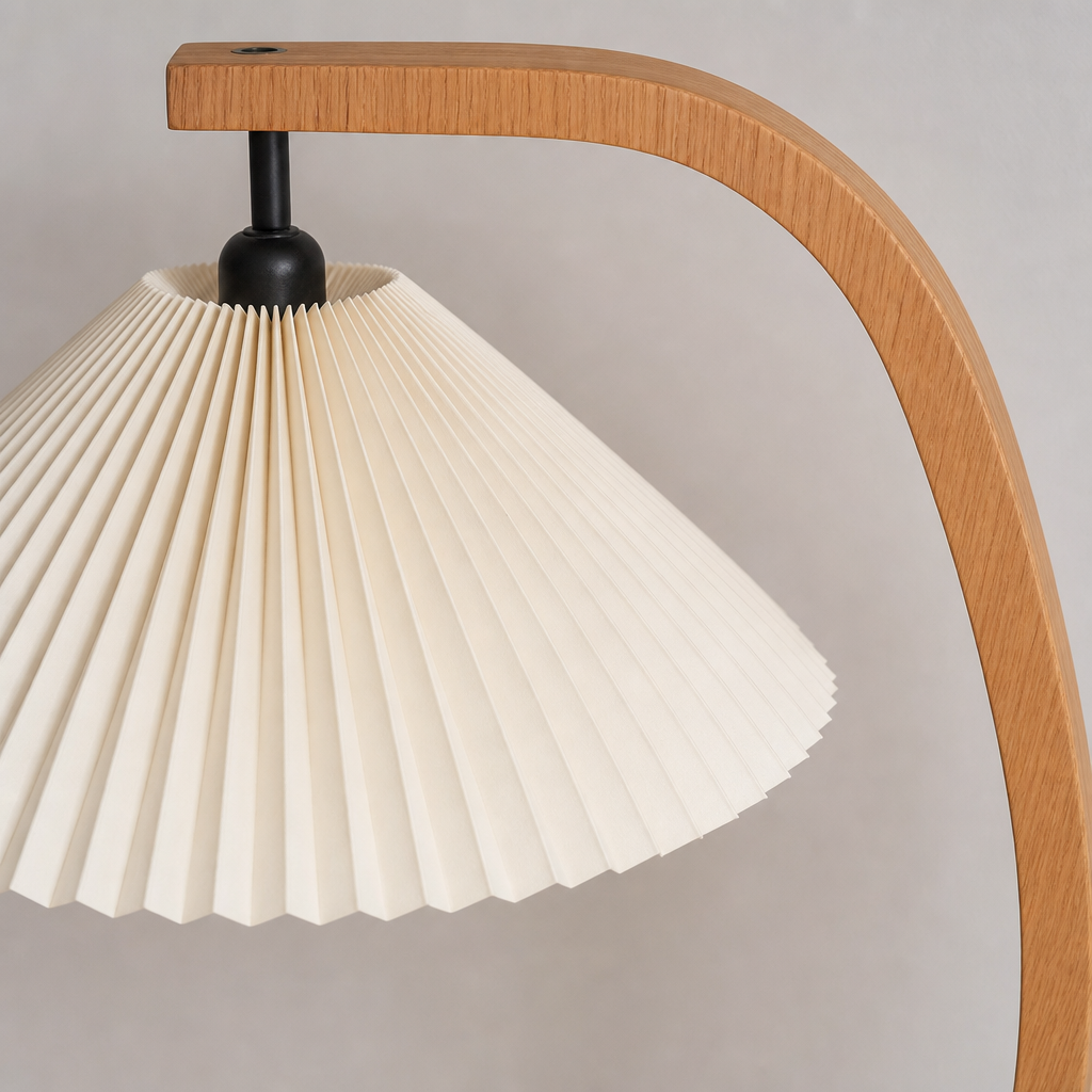 Sculptural Wood Floor Lamp — wood frame and pleated ivory shade close-up