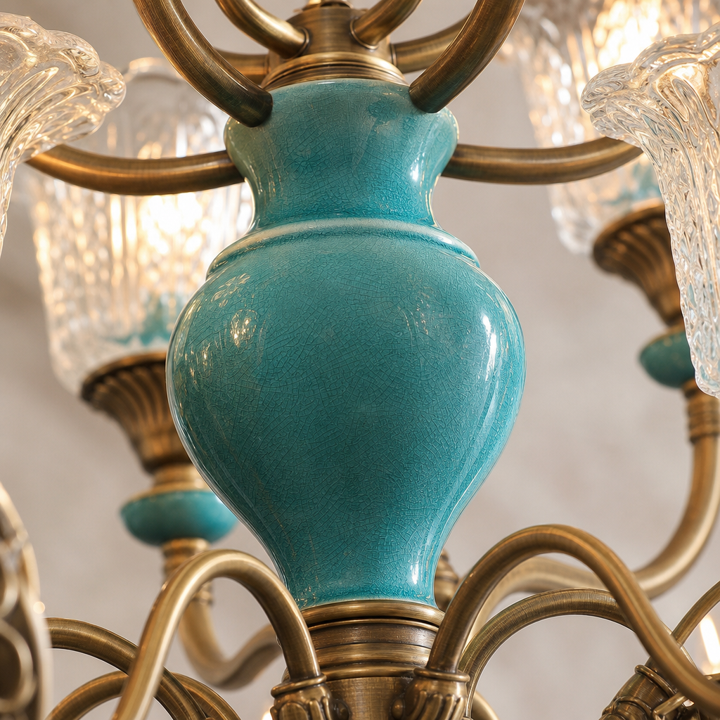 Tiffany Blue Ceramic Two-Tier Chandelier material close up