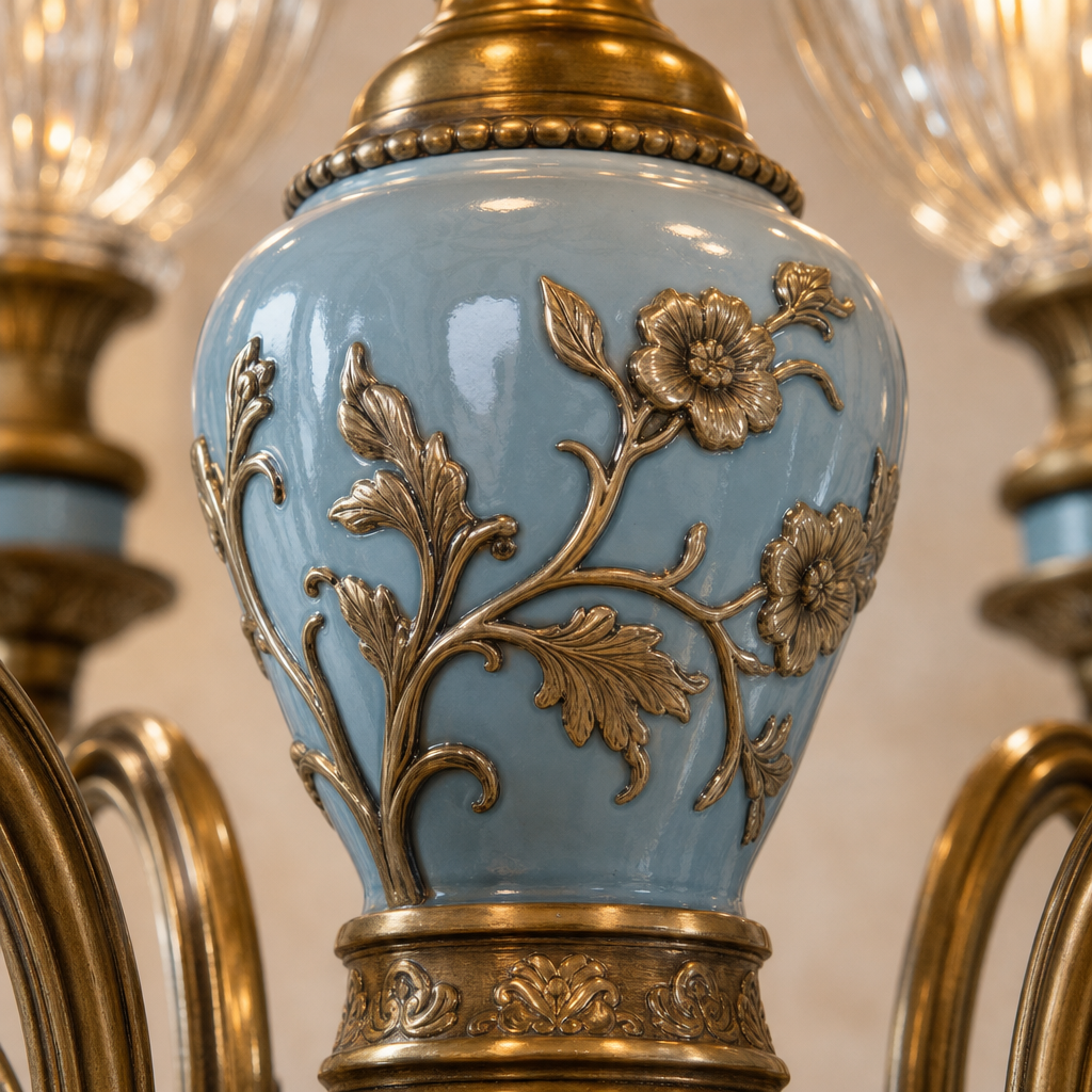 Blue Glazed Ceramic Brass Chandelier material close up
