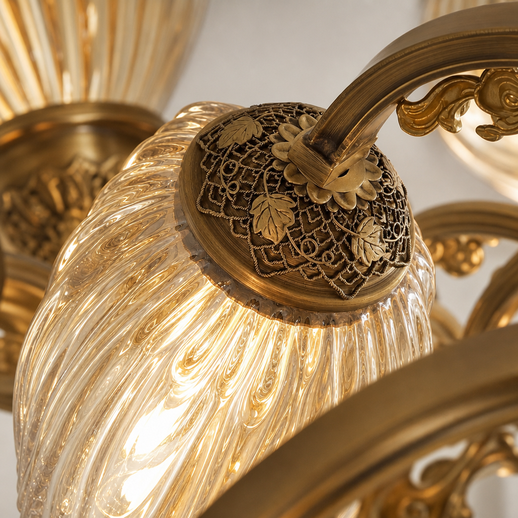 Vintage Brass Floral Glass Flush Mount material close up