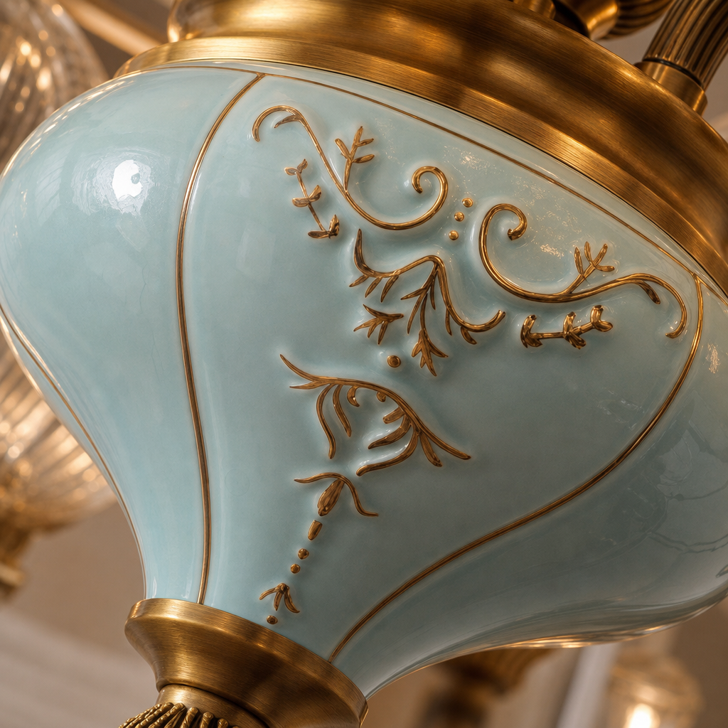 Blue Glazed Ceramic Two-Tier Chandelier material close up