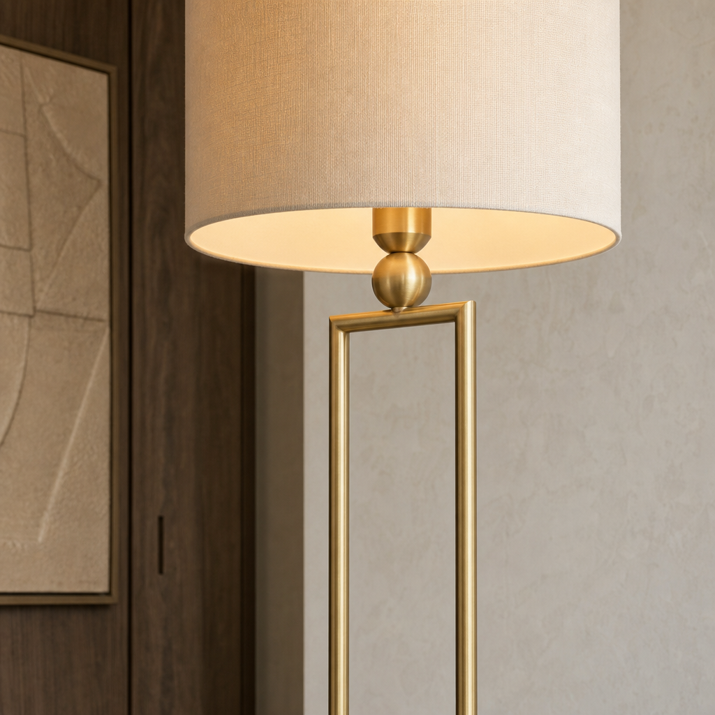 Double-Rod Marble Base Floor Lamp fabric shade, copper frame, and natural white marble detail