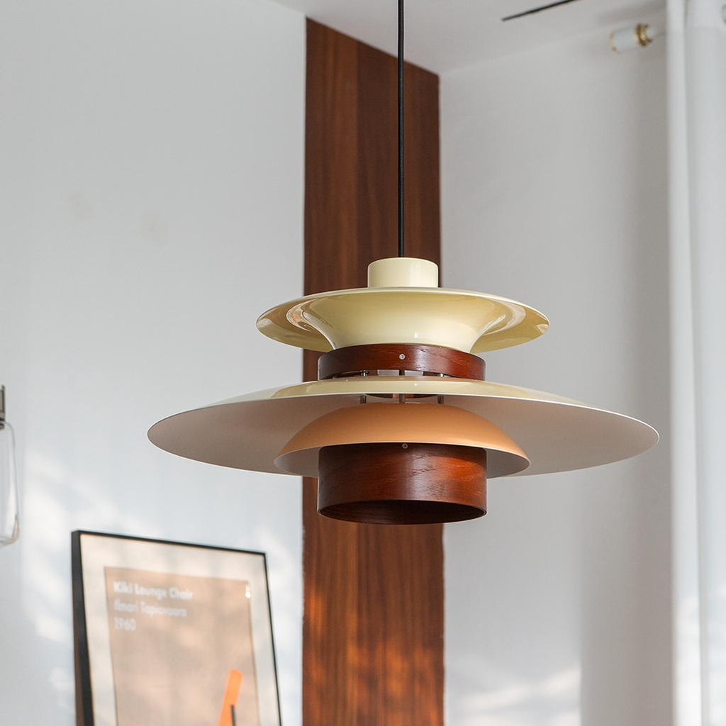 Layered Aluminum and Walnut Pendant Light — painted aluminum and walnut material close-up