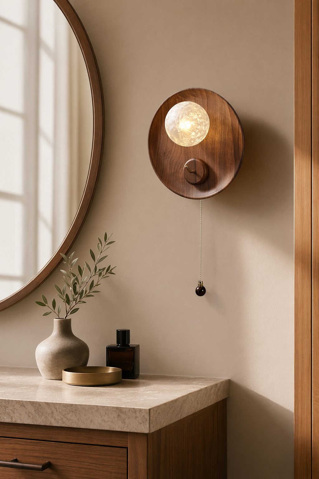 Modern Wood Disc Wall Sconce - generated workflow 11 11-mirror-side-daylight