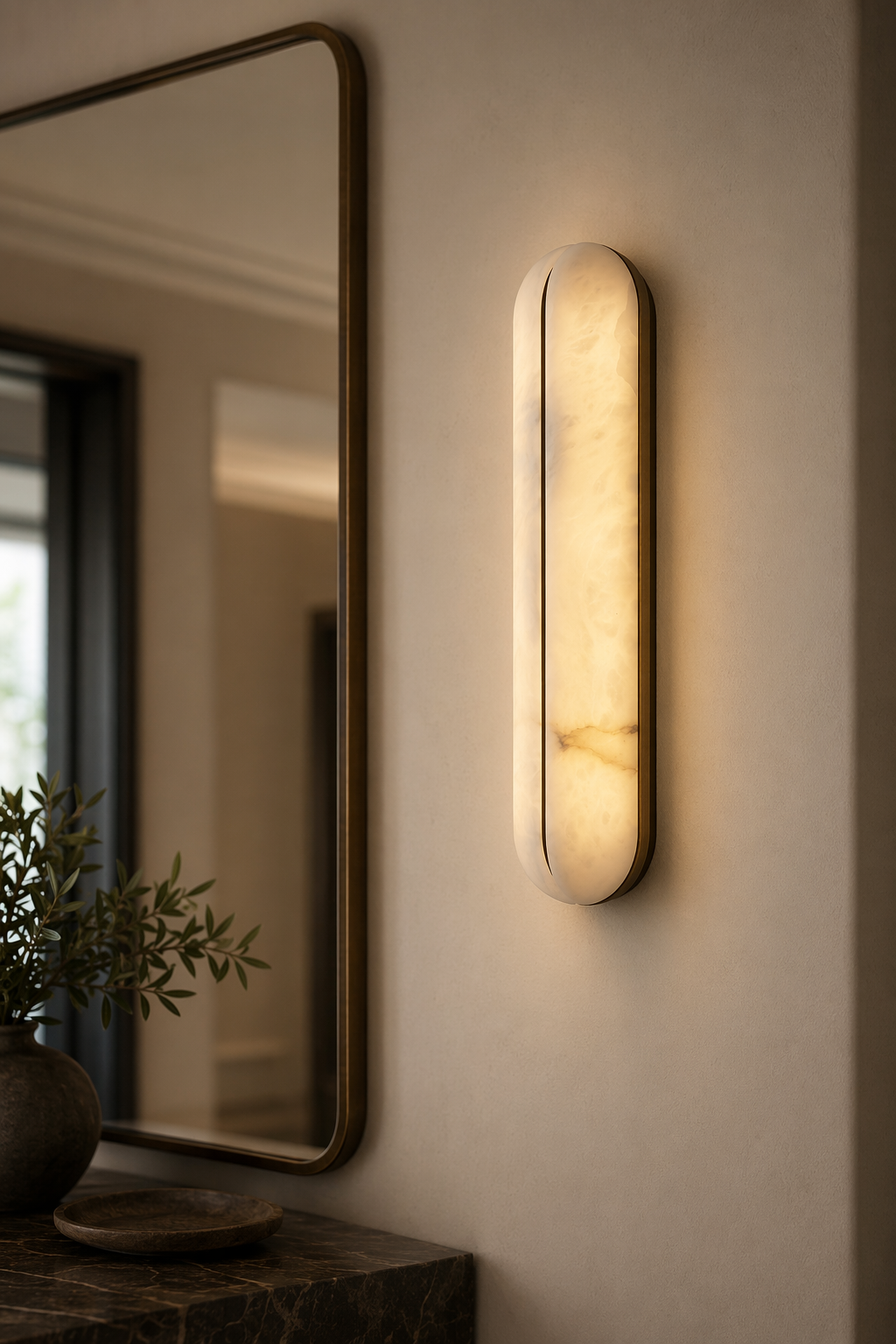 Slim alabaster capsule wall sconce beside a mirror