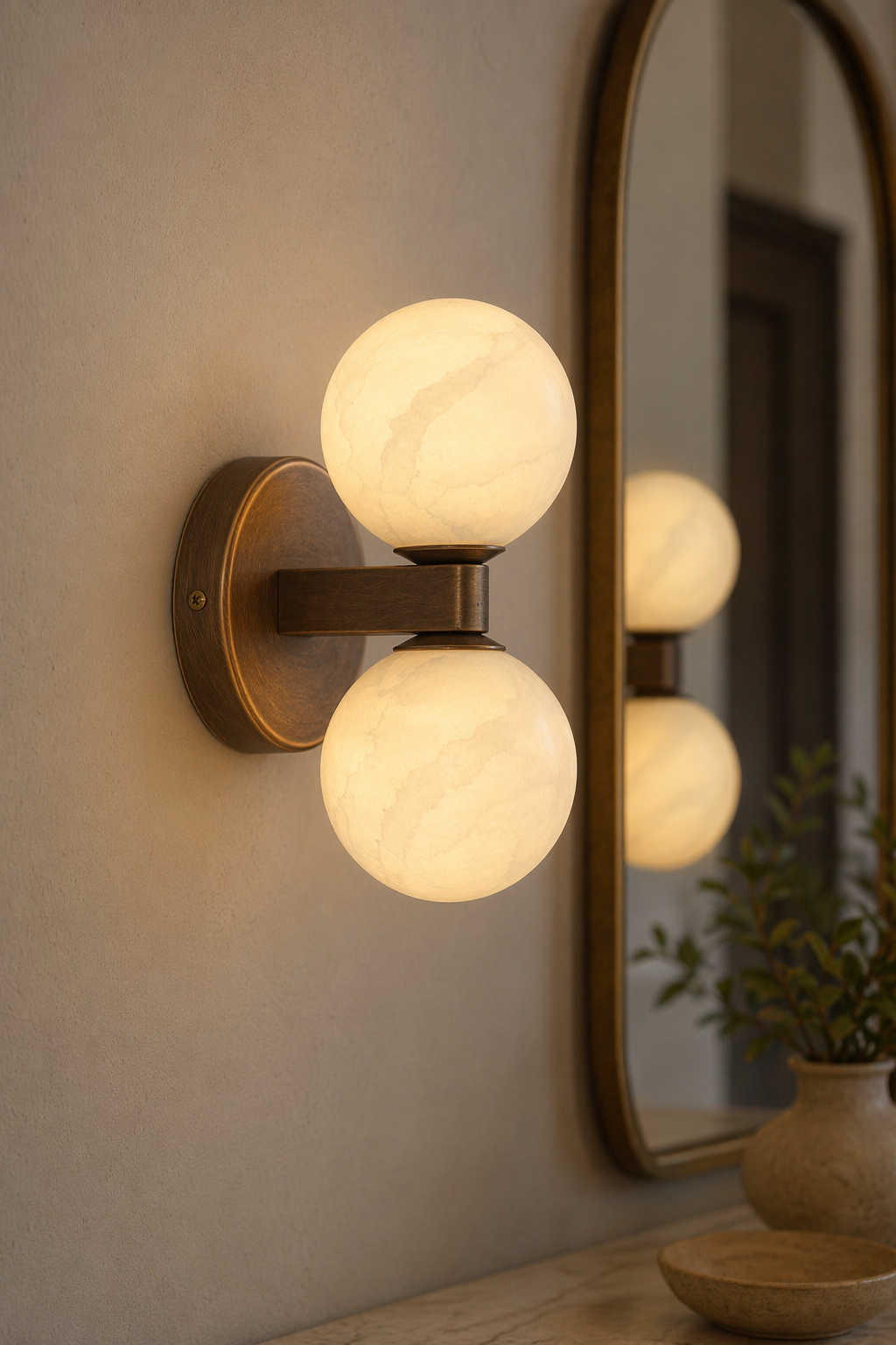 Modern Alabaster Double Globe Wall Sconce in Antique Brass - product image 10