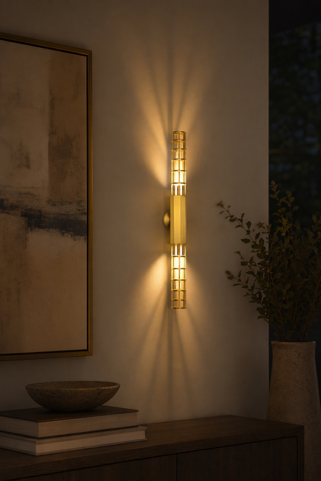 Modern Natural Brass Linear LED Wall Sconce - generated main 11 11-night-mood