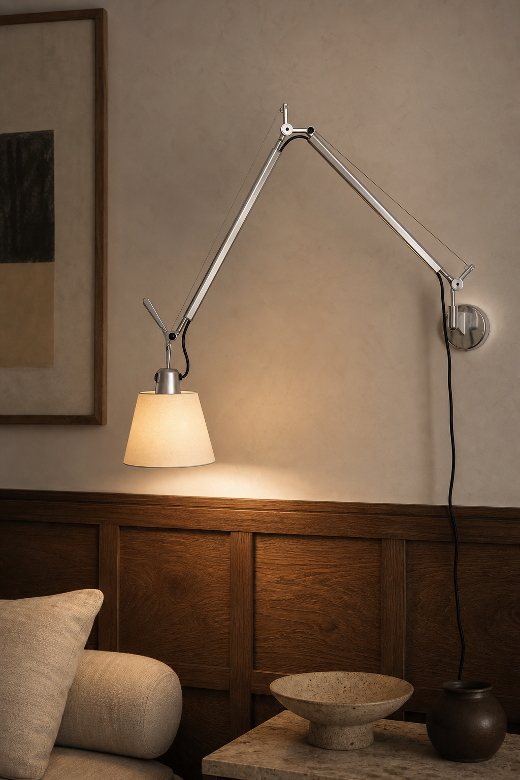 Bauhaus Adjustable Parchment Swing Arm Wall Light night mood
