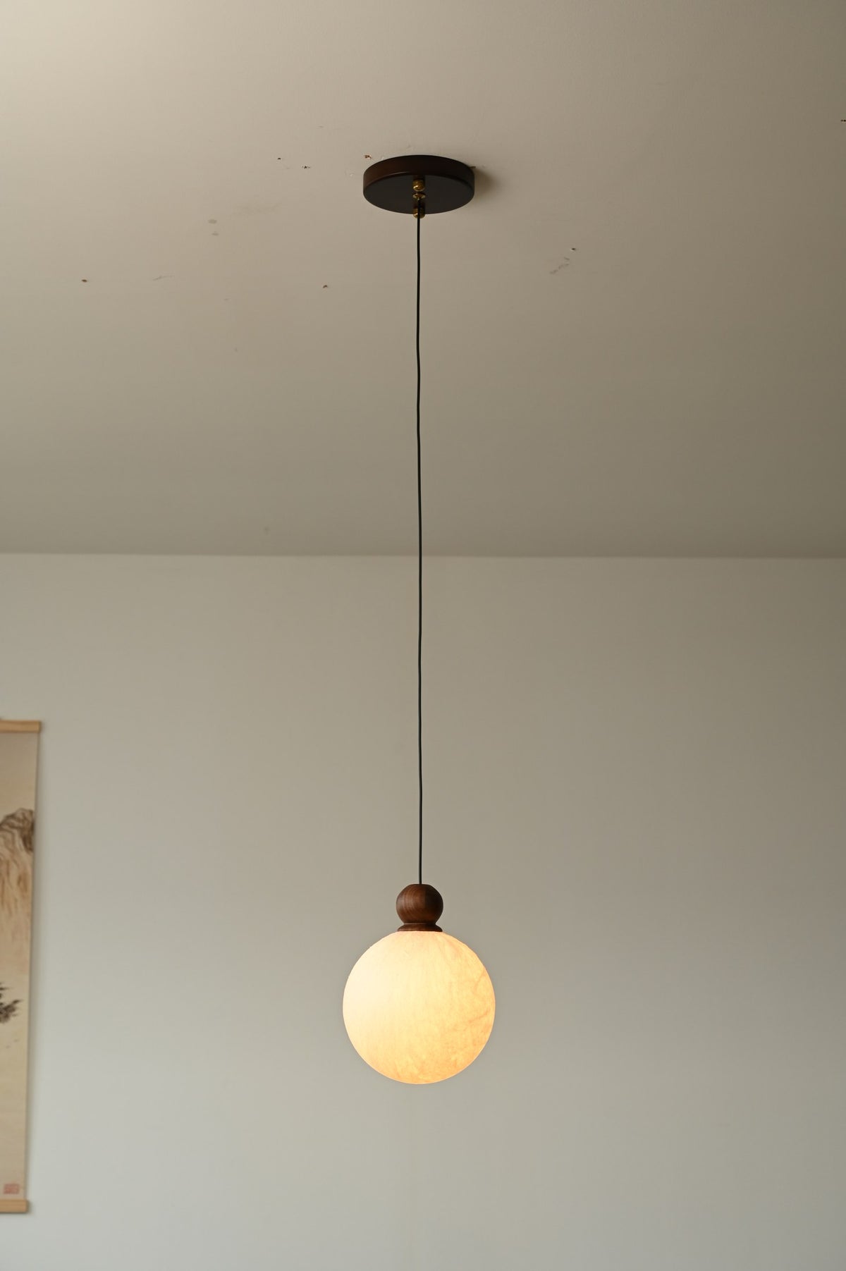 Modern Mulberry Silk Globe Pendant Light in Dark Walnut - 11 11-product-lit-detail