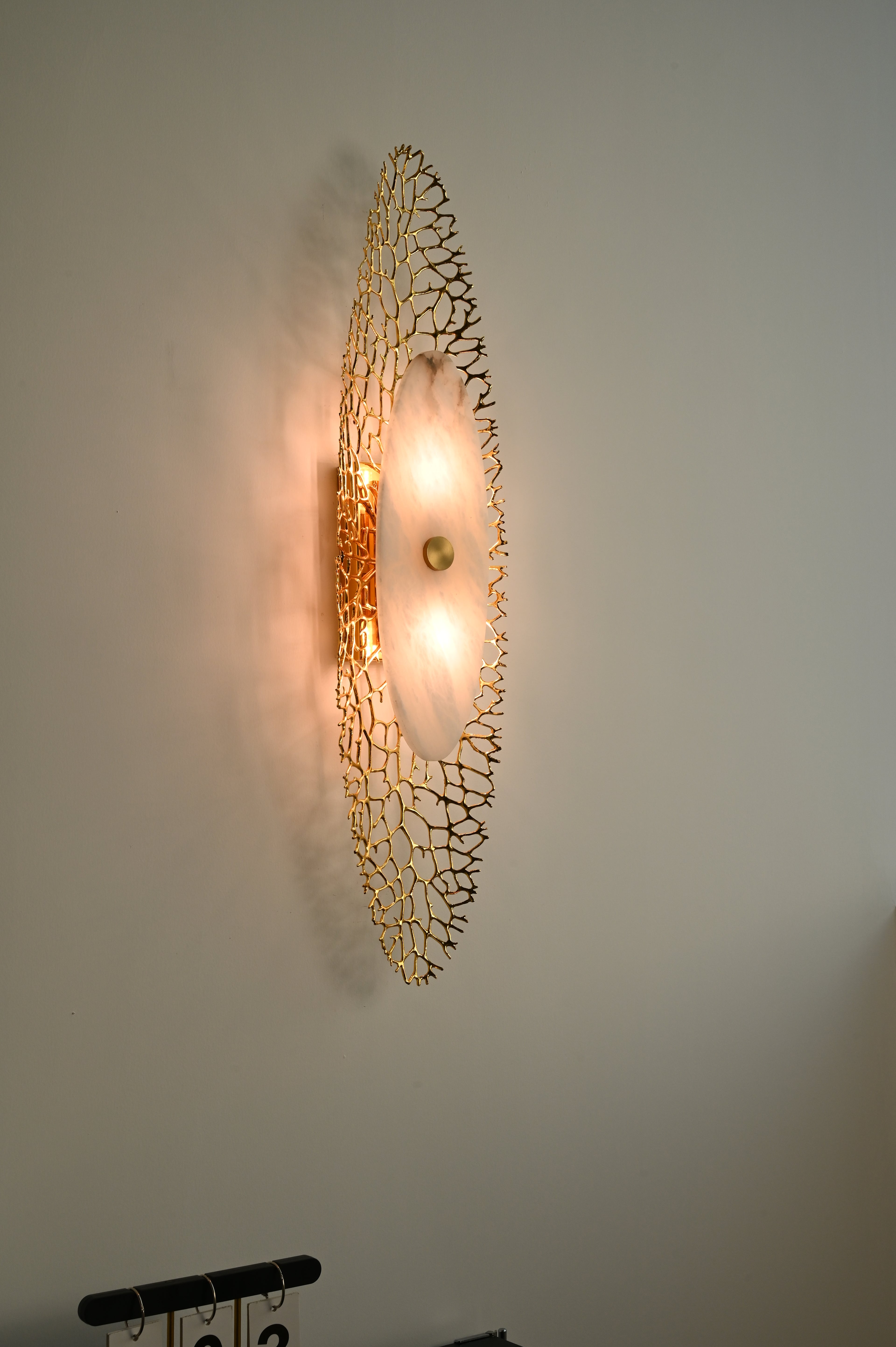 Modern Alabaster Coral Wall Sconce in Natural Brass - 11 11-real-angle-lit