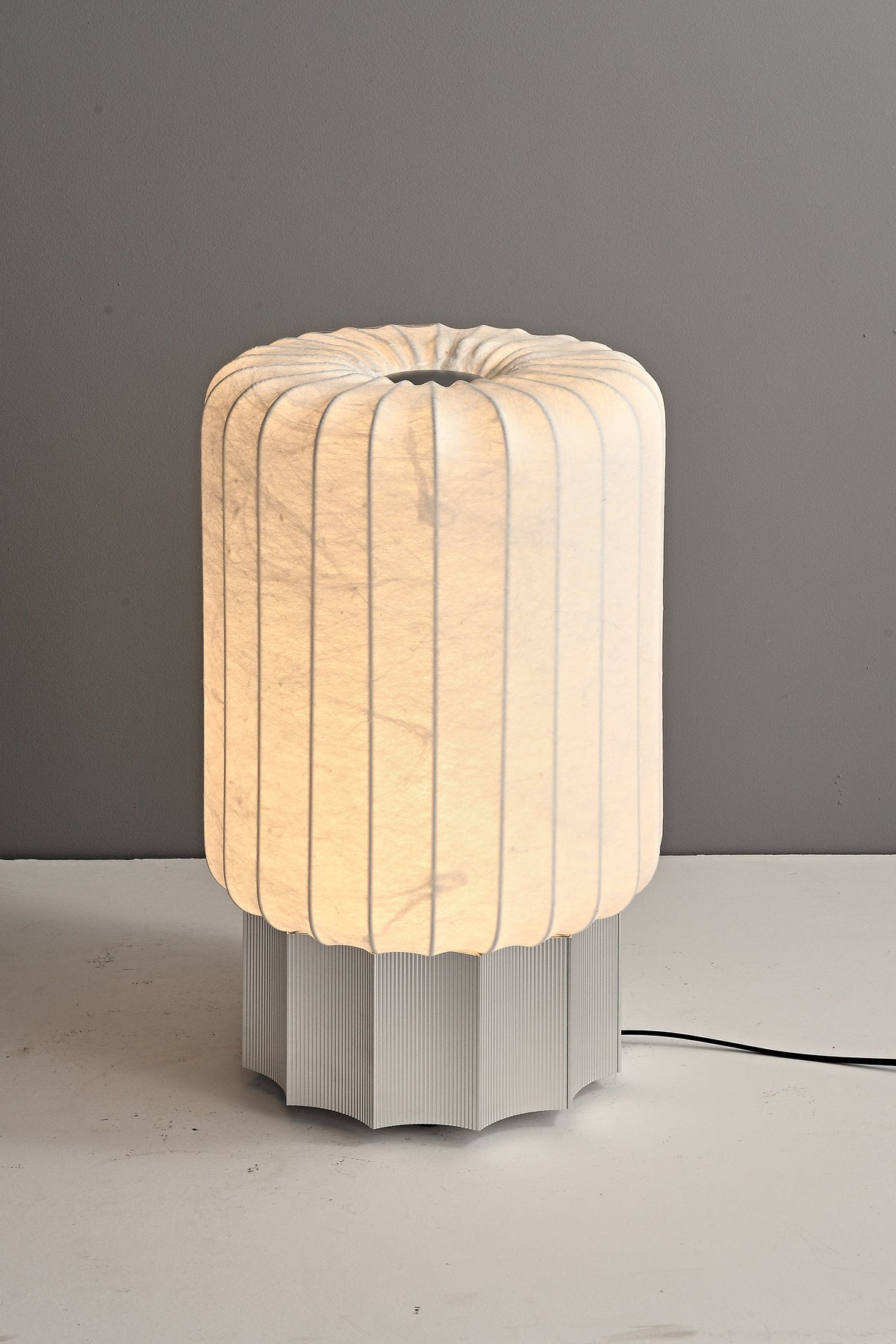 Modern Mulberry Silk Cylinder Table and Floor Lamp in Pewter Gray - 10 11-real-base-detail