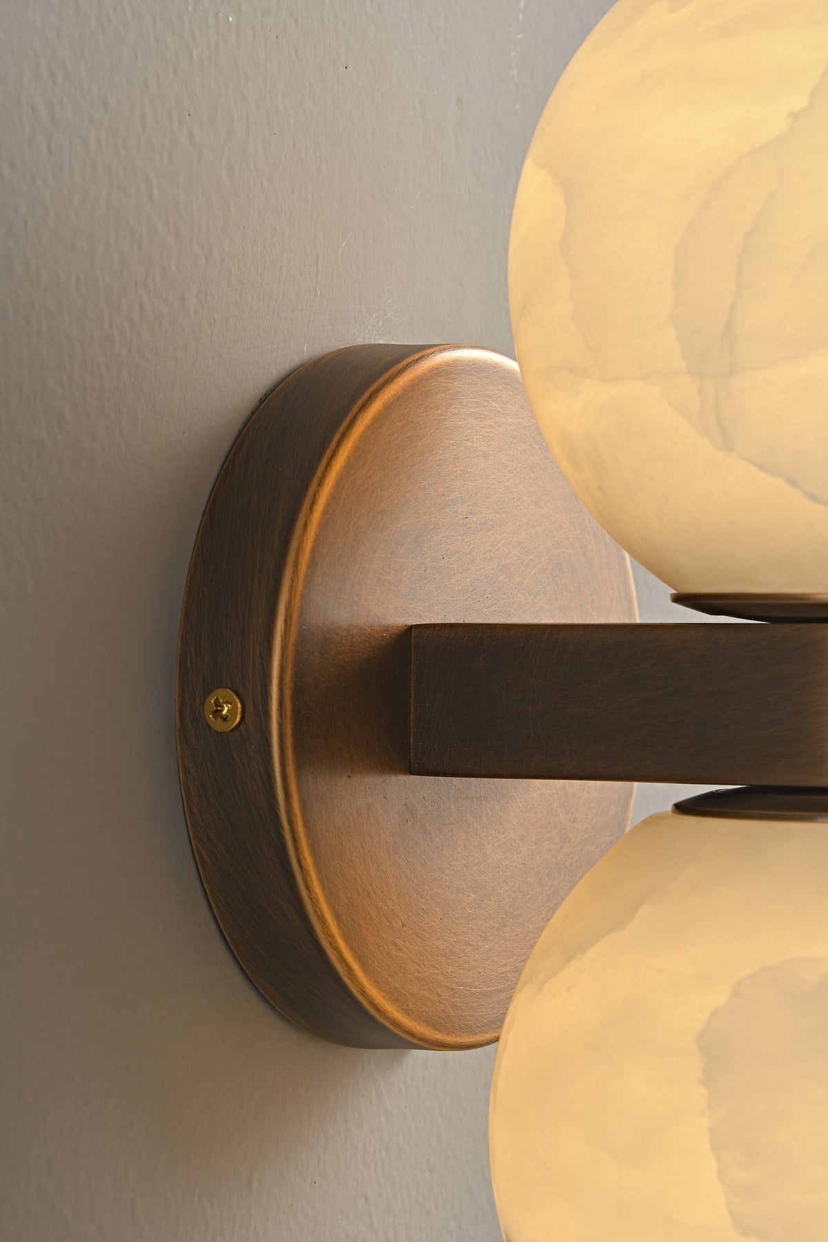 Modern Alabaster Double Globe Wall Sconce in Antique Brass - 11 11-real-mount-detail