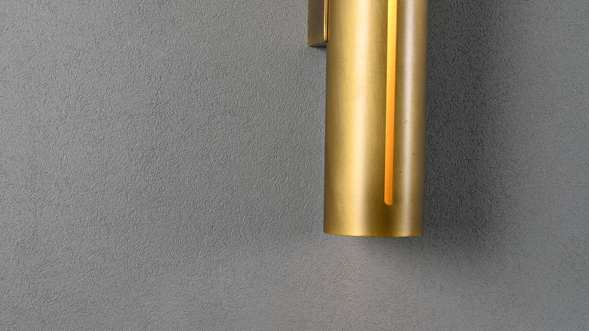 Modern Brass Cylinder LED Wall Sconce in Red Antique Brass - 11 11-real-shot-cylinder-led-wall-sconce-close-up