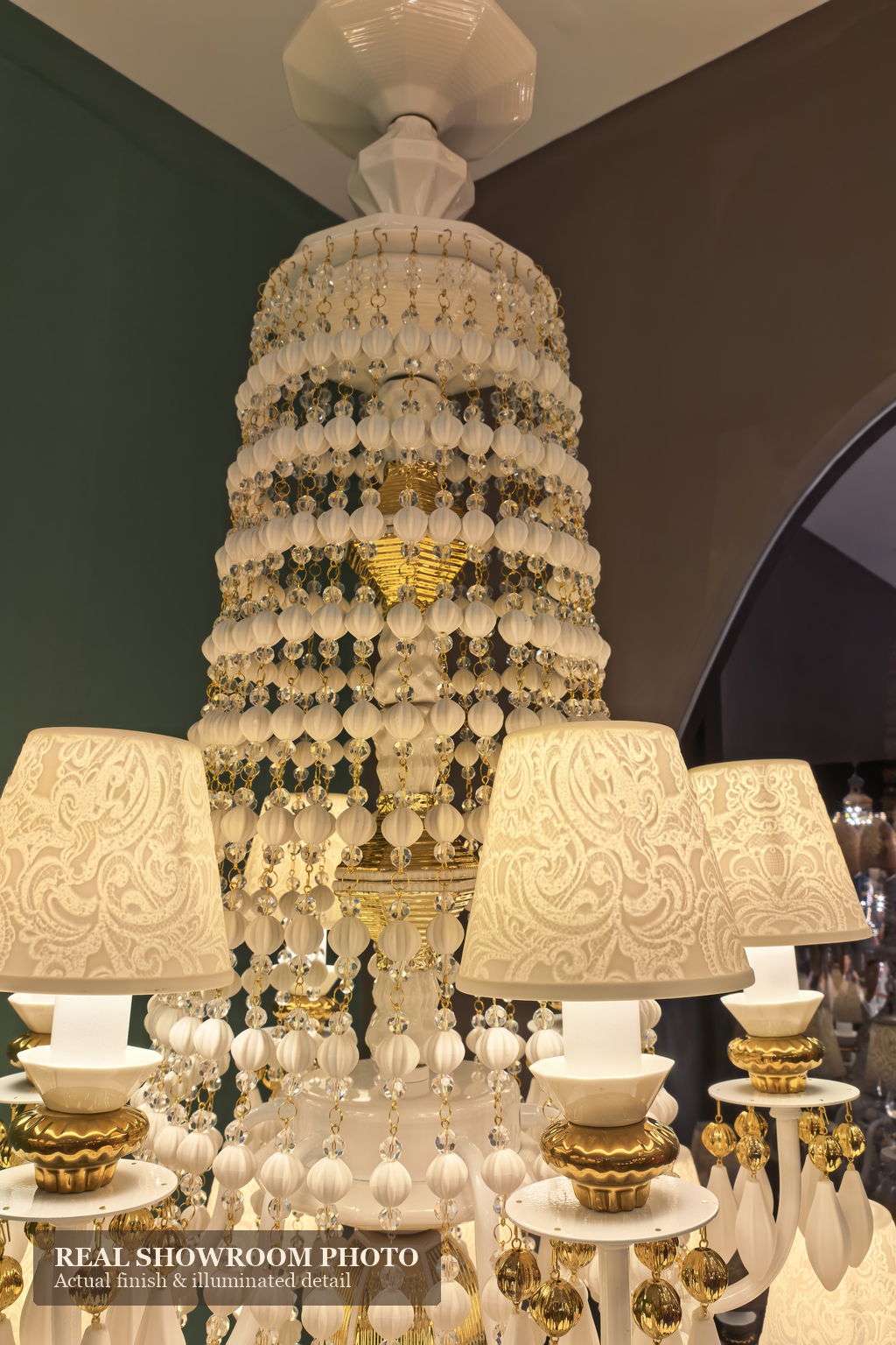 Ivorelle chandelier – labeled real showroom close view