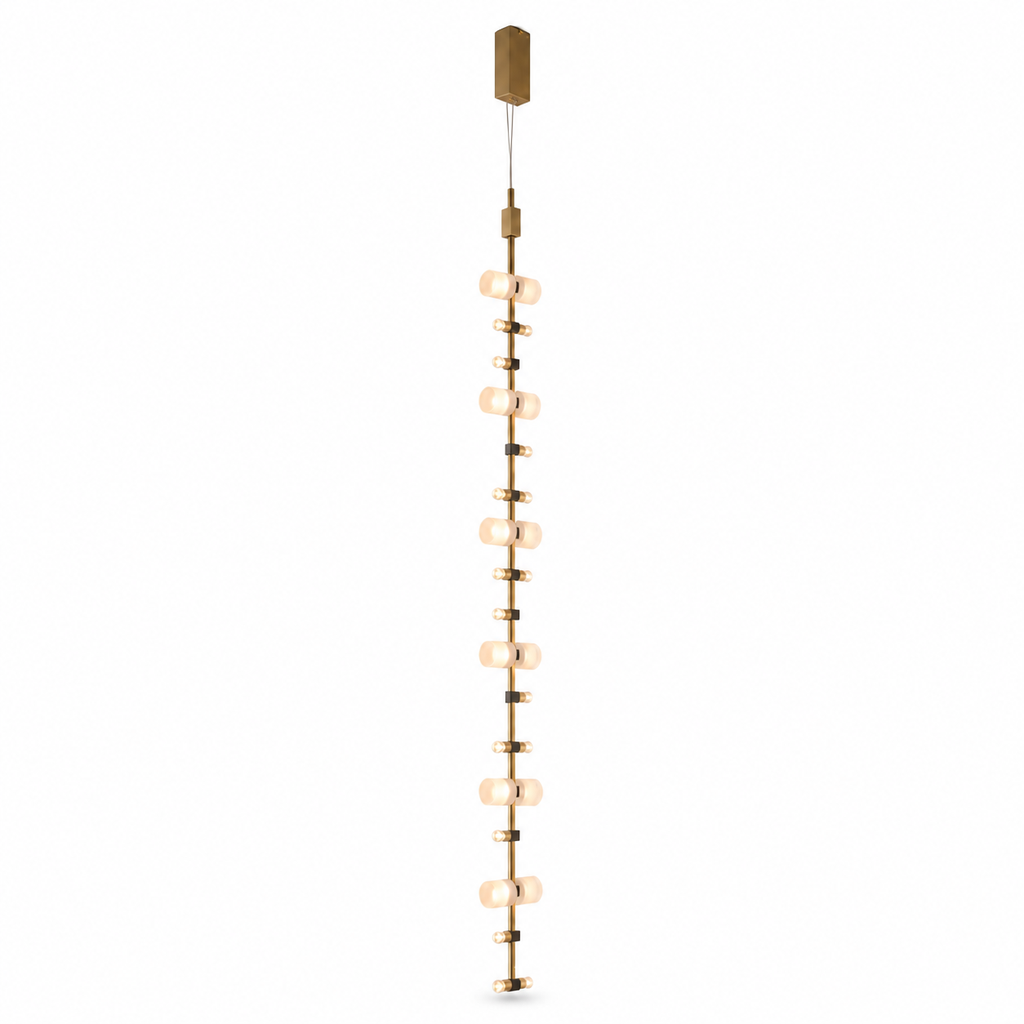 Royal vertical brushed copper LED pendant complete on a pure white background