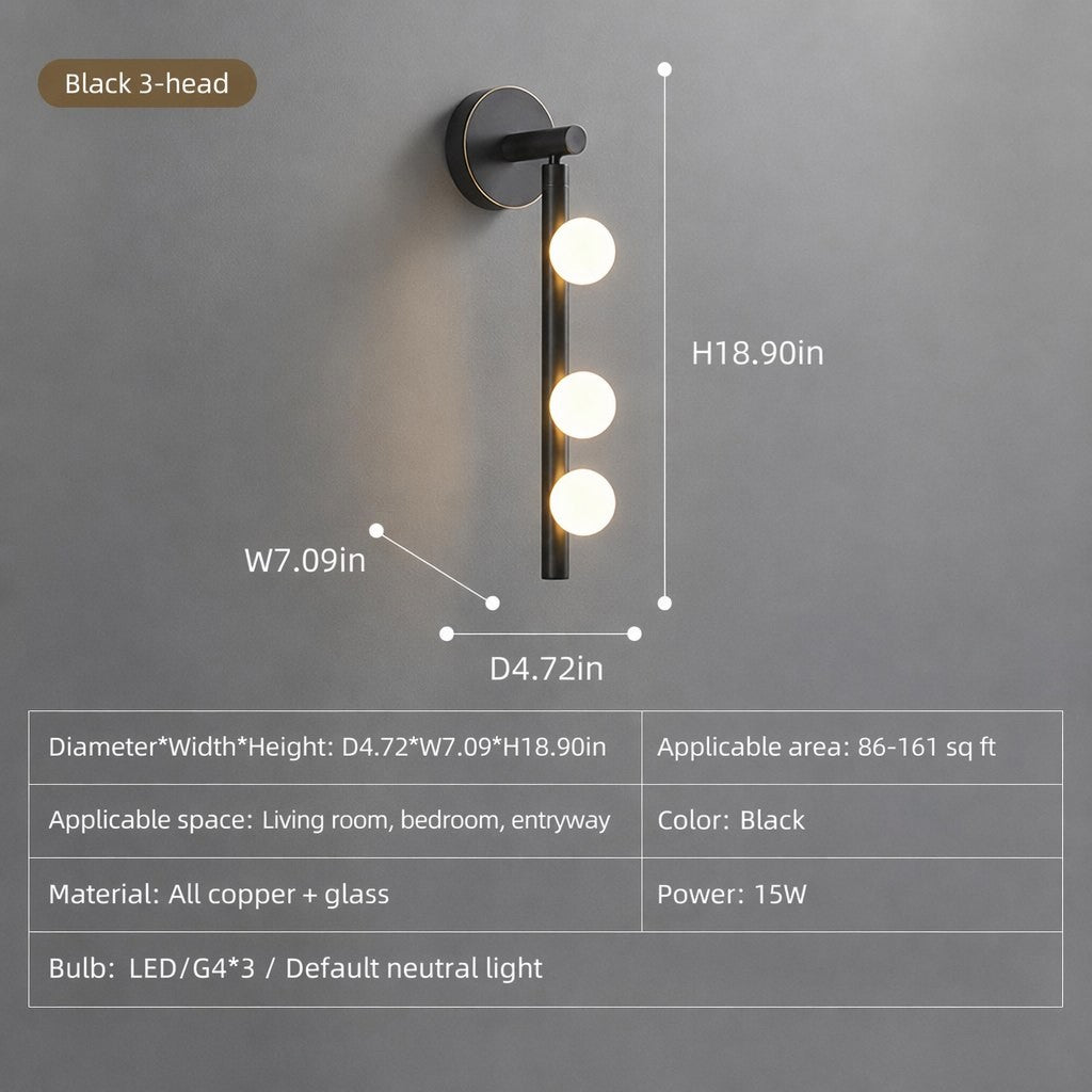 Modern Glass Globe Vertical Wall Sconce - 11 11-sku-black-3-lights