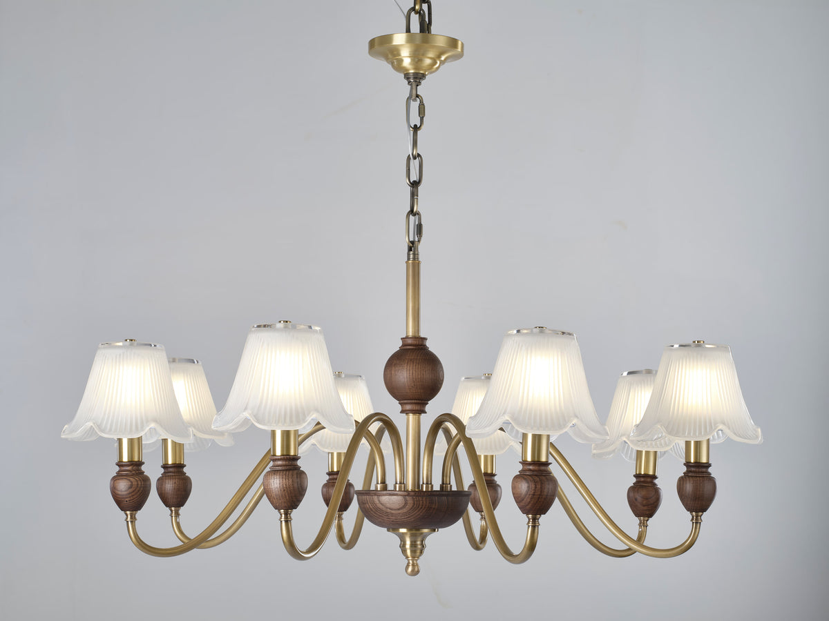 Complete supplier real photograph of the Sorrelune ten-light chandelier with canopy