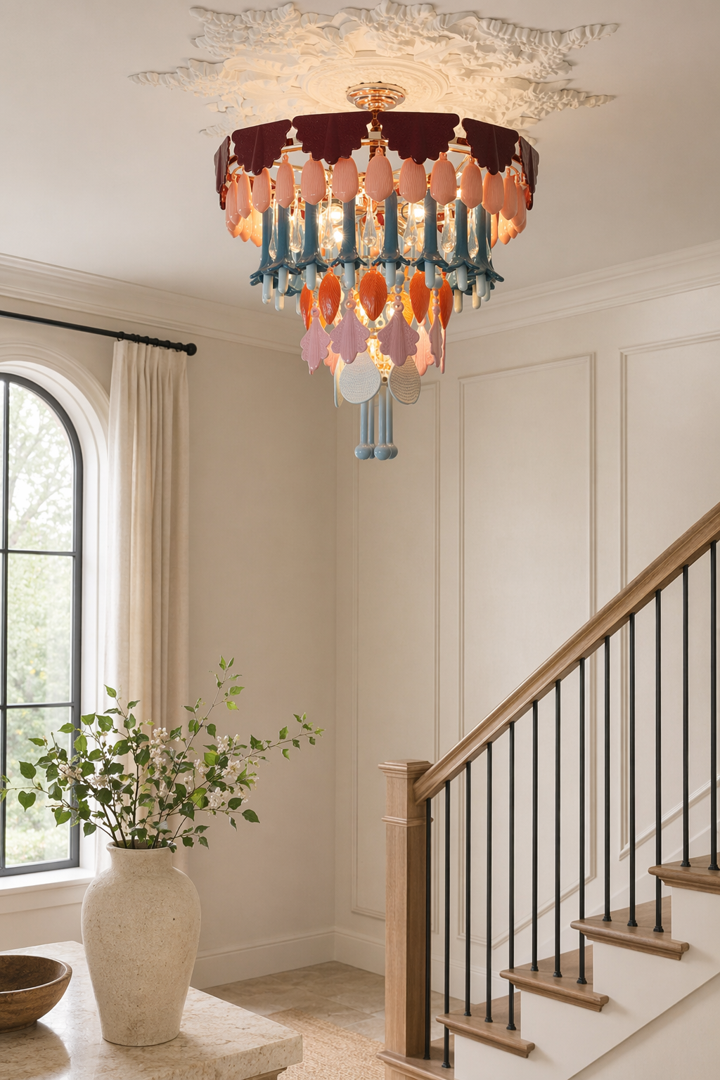 Colorful Ceramic Lily of the Valley Chandelier - 11 11-stair-landing-daylight